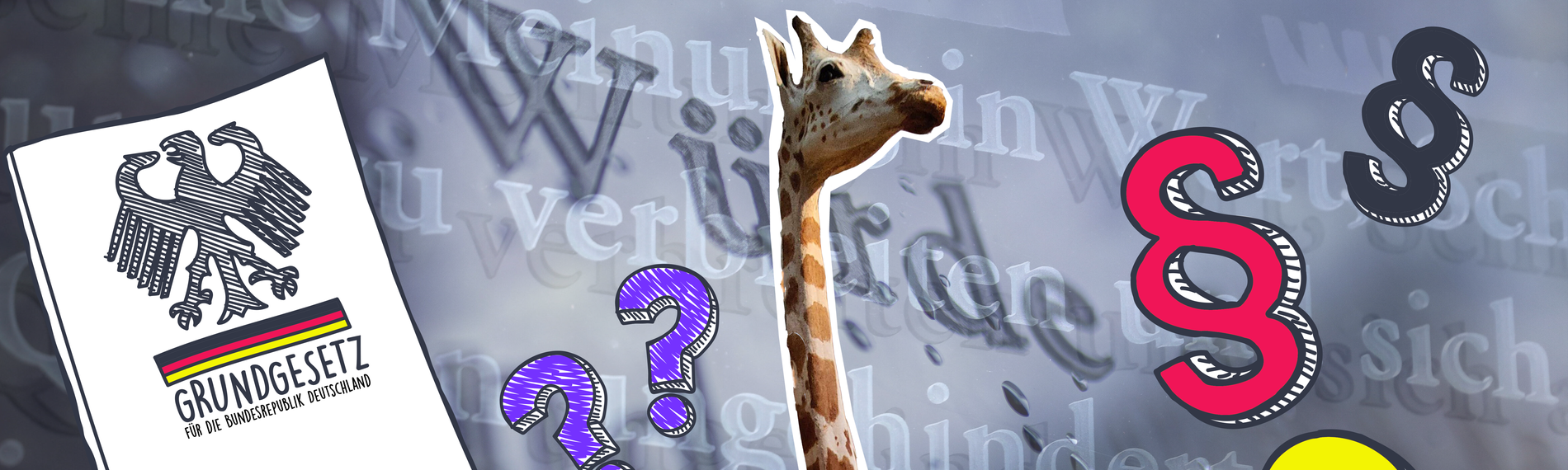 Grundgesetz mit Giraffe, Paragraphen und Fragezeichen