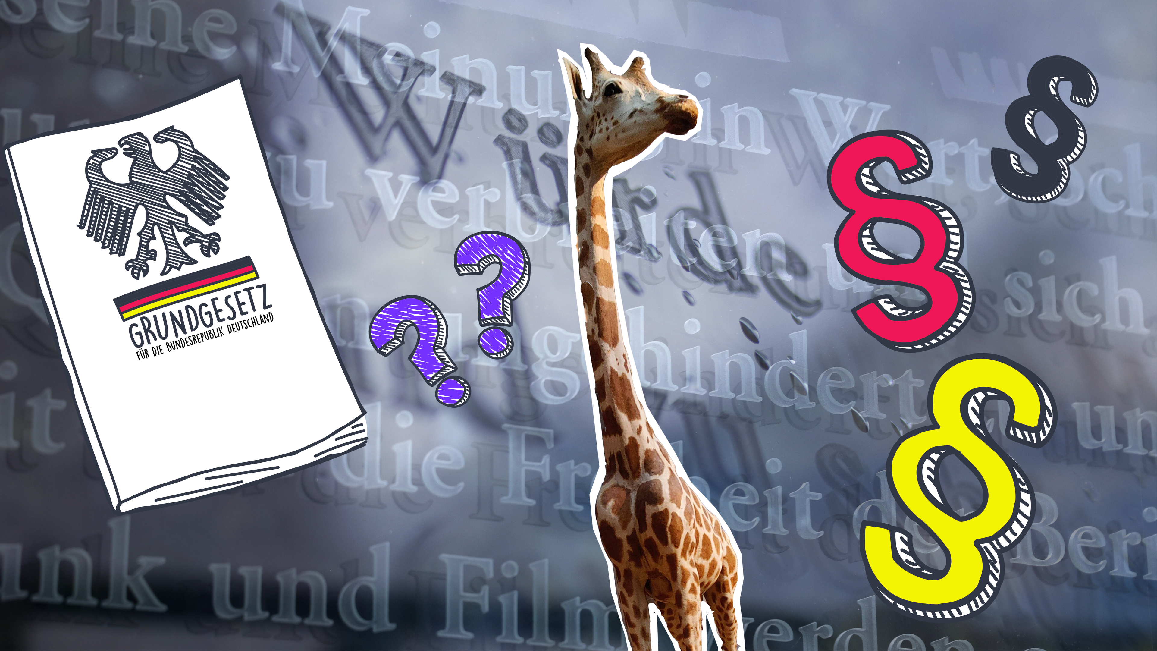 Grundgesetz mit Giraffe, Paragraphen und Fragezeichen