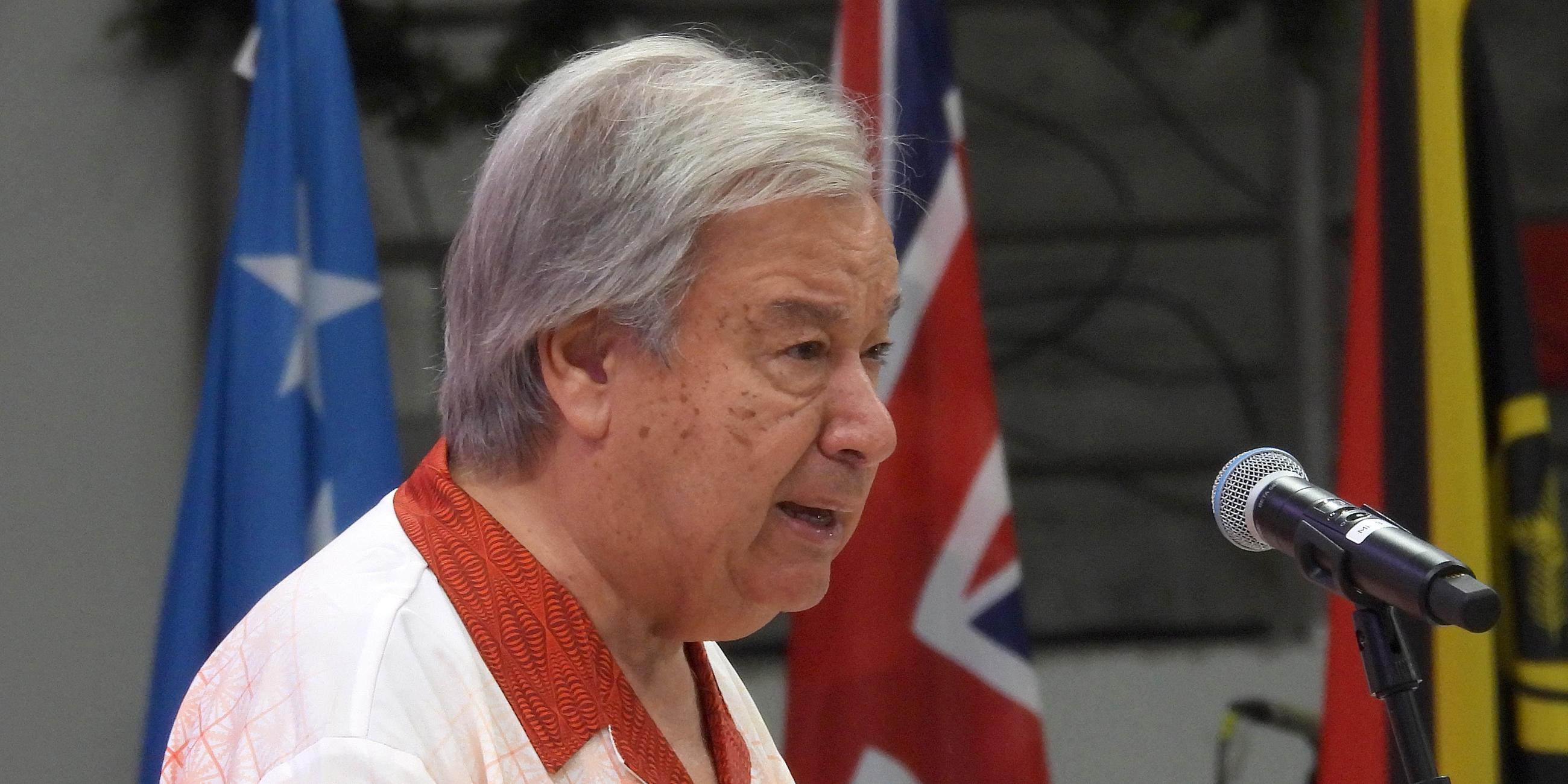 Der Generalsekretär der Vereinten Nationen, Antonio Guterres, spricht bei der Eröffnung des jährlichen Treffens der Staats- und Regierungschefs des Pacific Islands Forum in Nuku'alofa, Tonga, Montag, 26. August 2024.