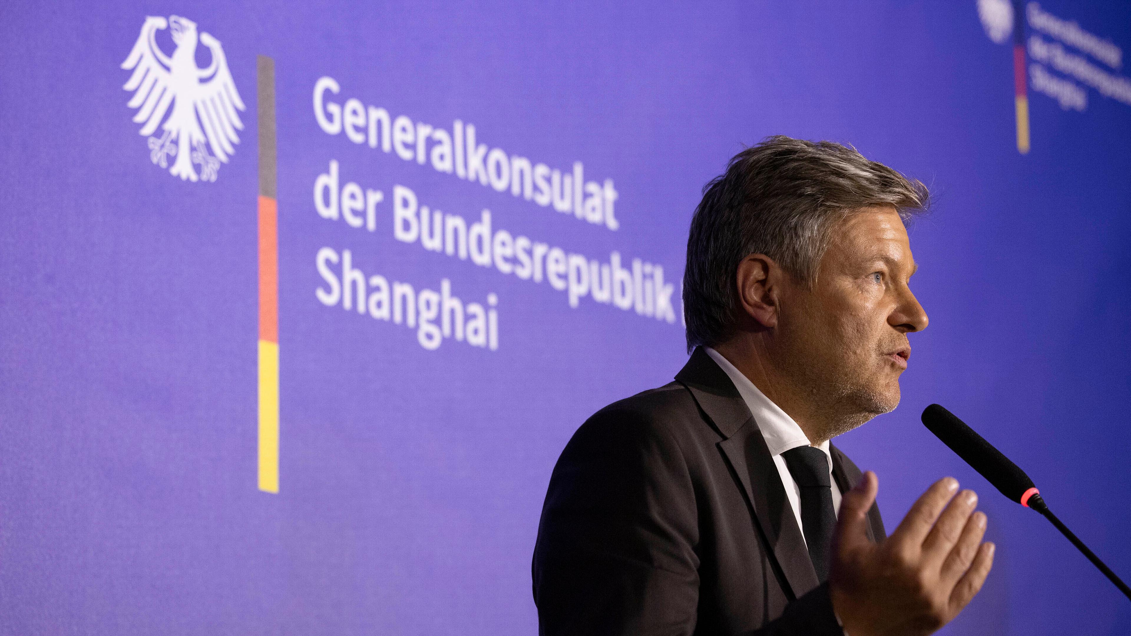 German Vice Chancellor Robert Habeck speaks during a press conference in Shanghai, China, Saturday June 22, 2024. Habeck spoke about his visit to China and the tariffs on the Chinese electric vehicles.
