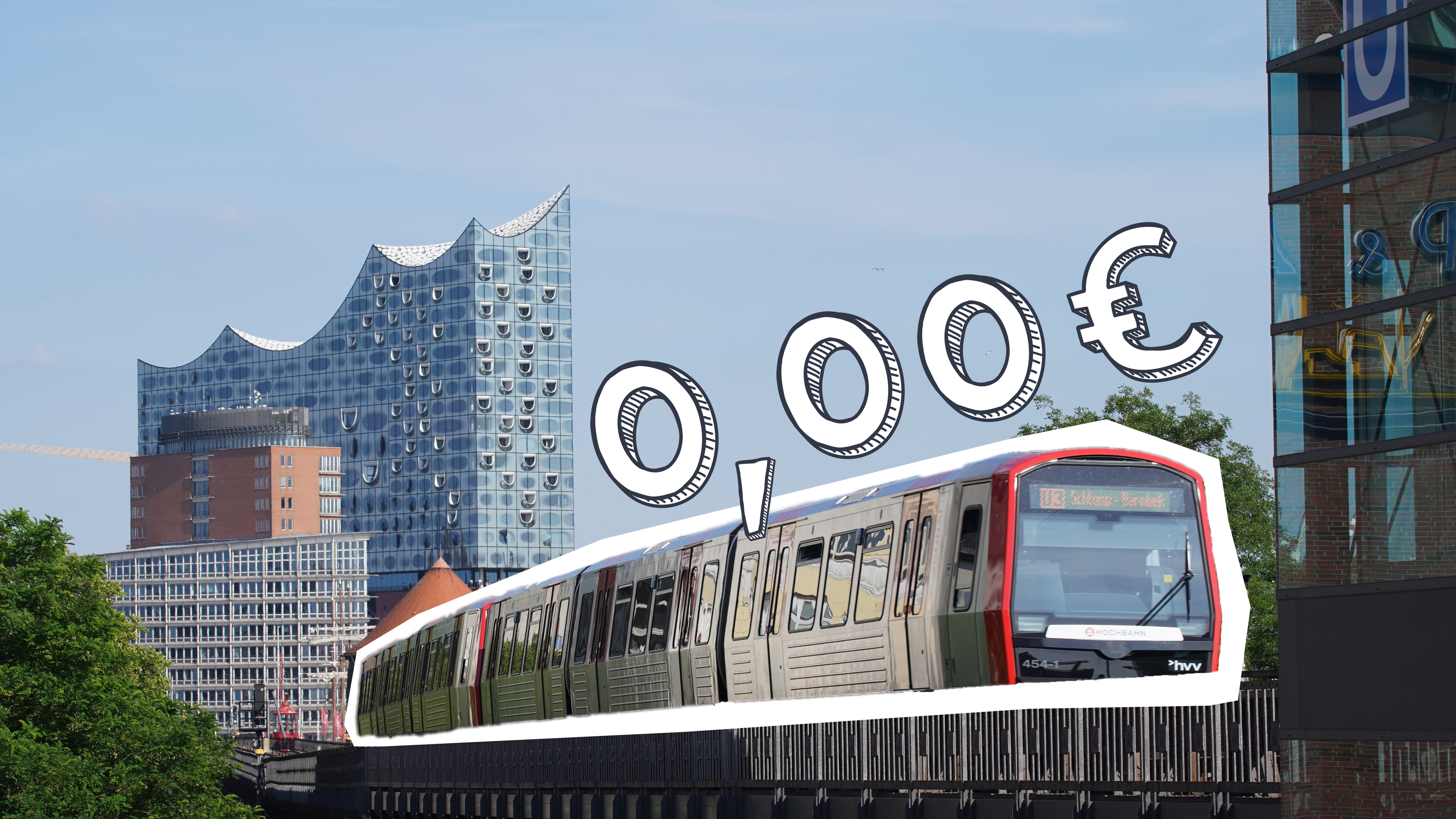 Fotomontage: Eine Bahn der Hamburger Hochbahn vor der Elbphilharmonie, darüber steht "0,00 Euro"