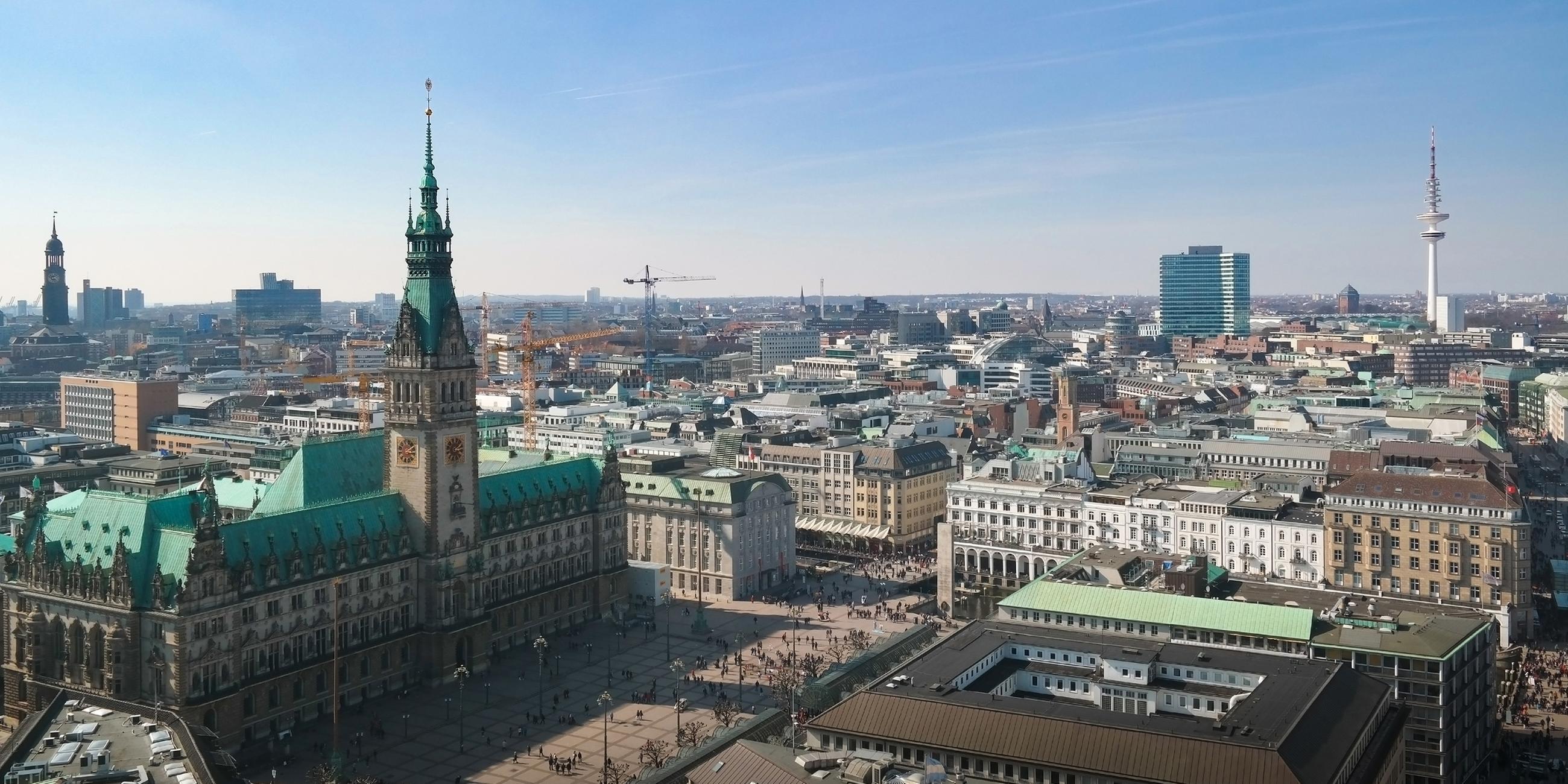 Blick über Hamburg mit Rathaus und Michel