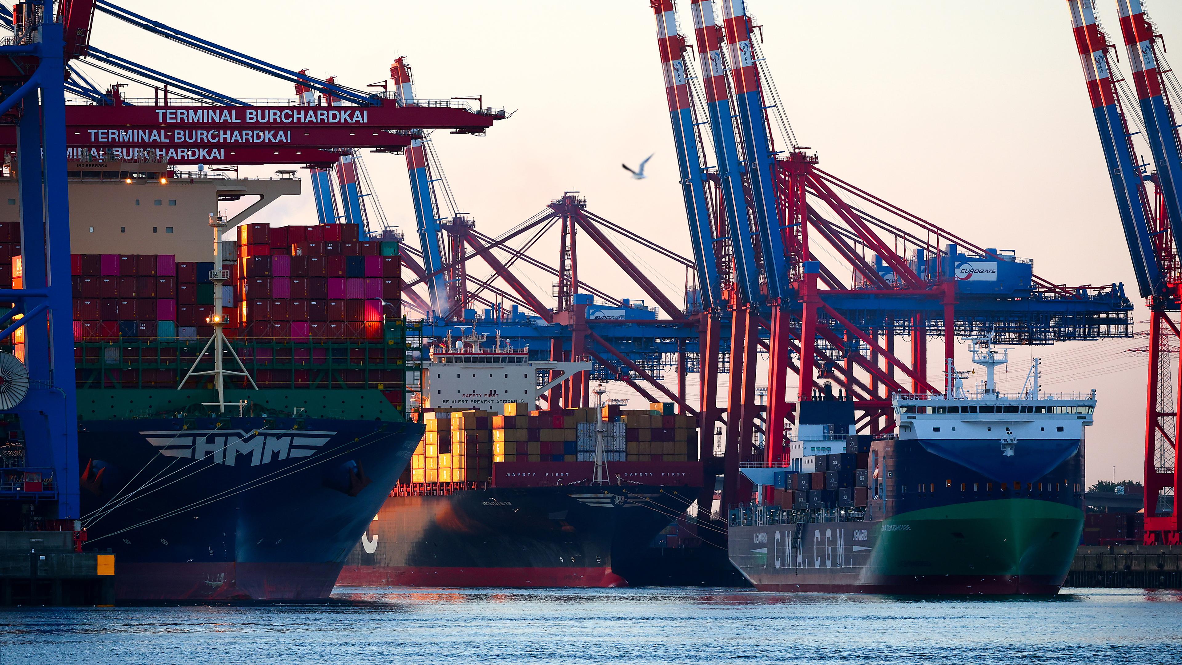 Mehrere Containerfrachter liegen im Waltershofer Hafen am Container Terminal Burchardkai (CTB, l) der Hamburger Hafen und Logistik AG