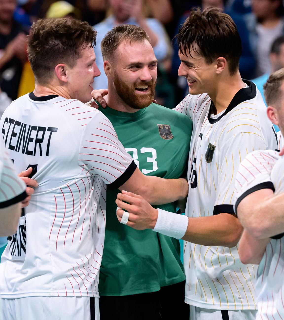 Christoph Steinert (Deutschland), Torhueter Andreas Wolff (Deutschland), Julian Köster jubeln.