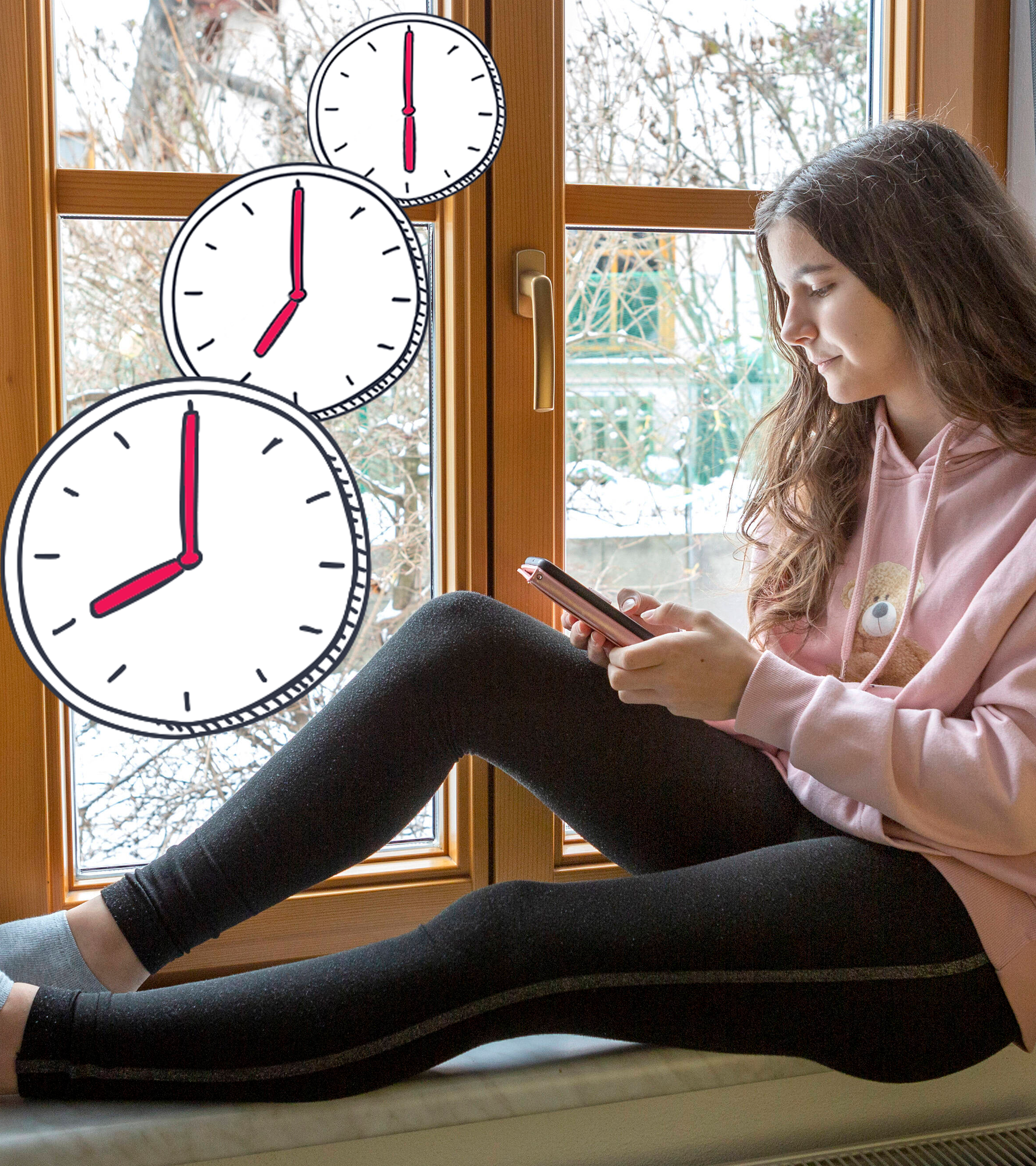 Mädchen sitzt am Fenster mit Handy, Uhren zeigen an, dass drei Stunden vergangen sind.