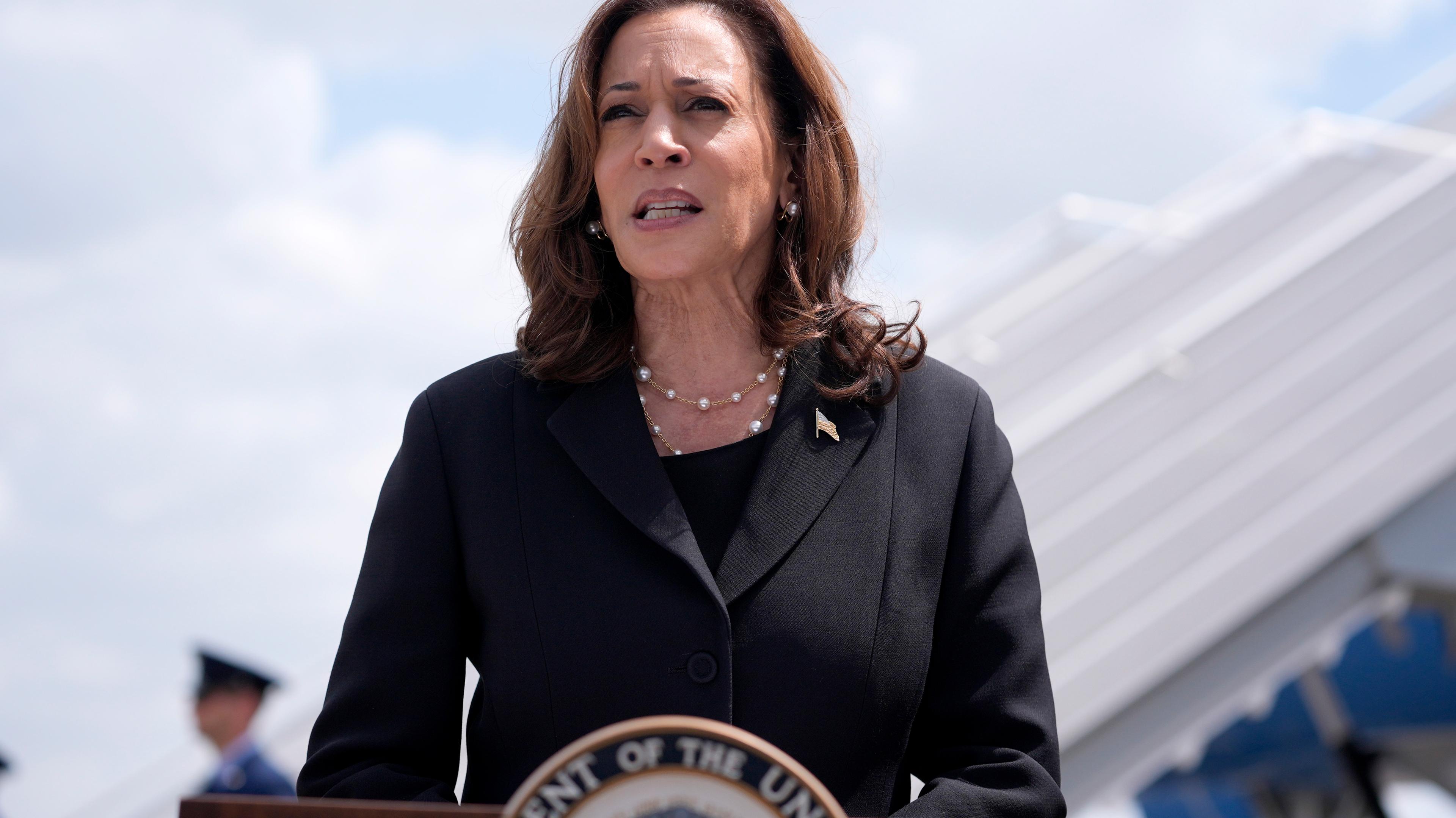 01.08.2024, USA, Houston: US-Vizepräsidentin Kamala Harris spricht am George Bush Intercontinental Airport.