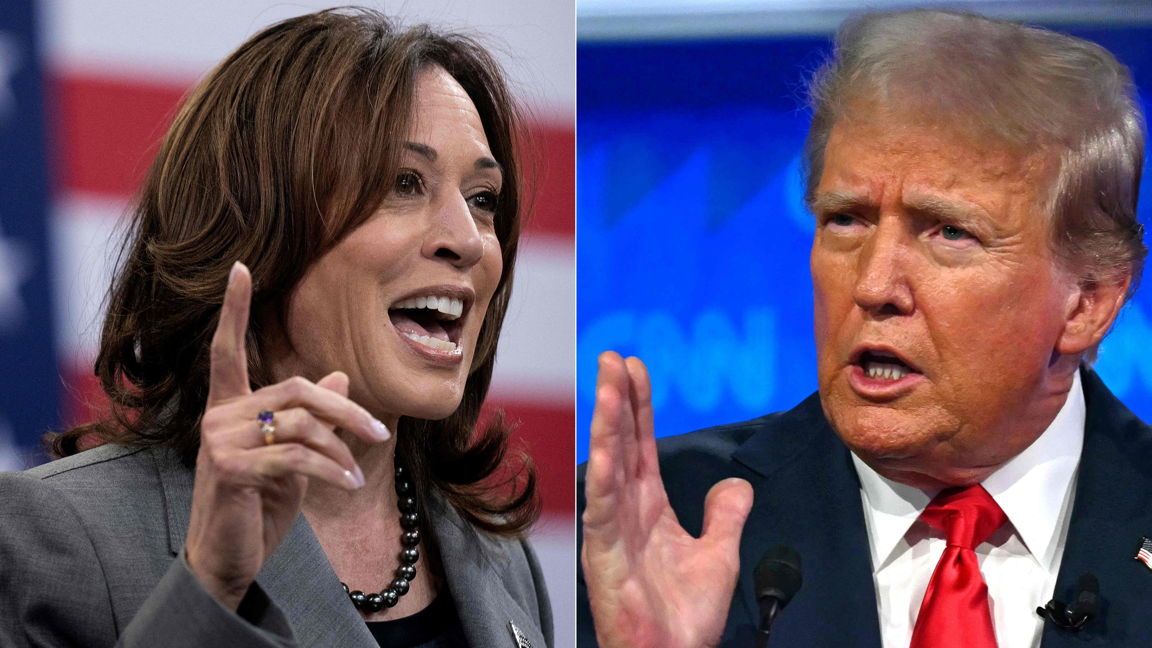 Diese am 3. August 2024 erstellte Kombination von Dateibildern zeigt die US-Vizepräsidentin und demokratische Präsidentschaftskandidatin Kamala Harris bei einer Rede am 26. März 2024 in Raleigh, North Carolina; und der ehemalige US-Präsident und republikanische Präsidentschaftskandidat Donald Trump spricht am 27. Juni 2024 in Atlanta, Georgia.