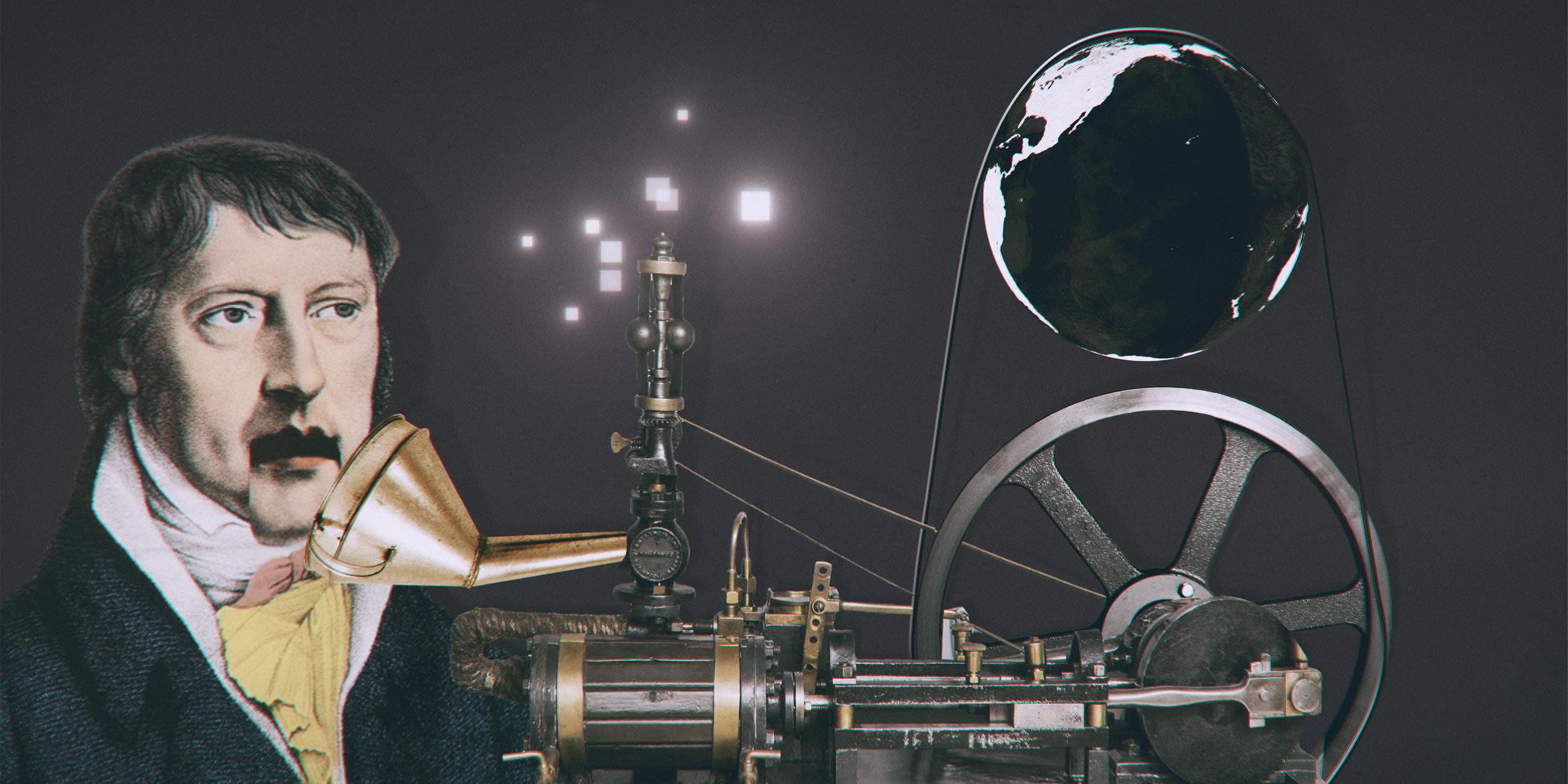Fotomontage: Ein Mann spricht in einen Zylinder, der an eine Maschine montiert ist.