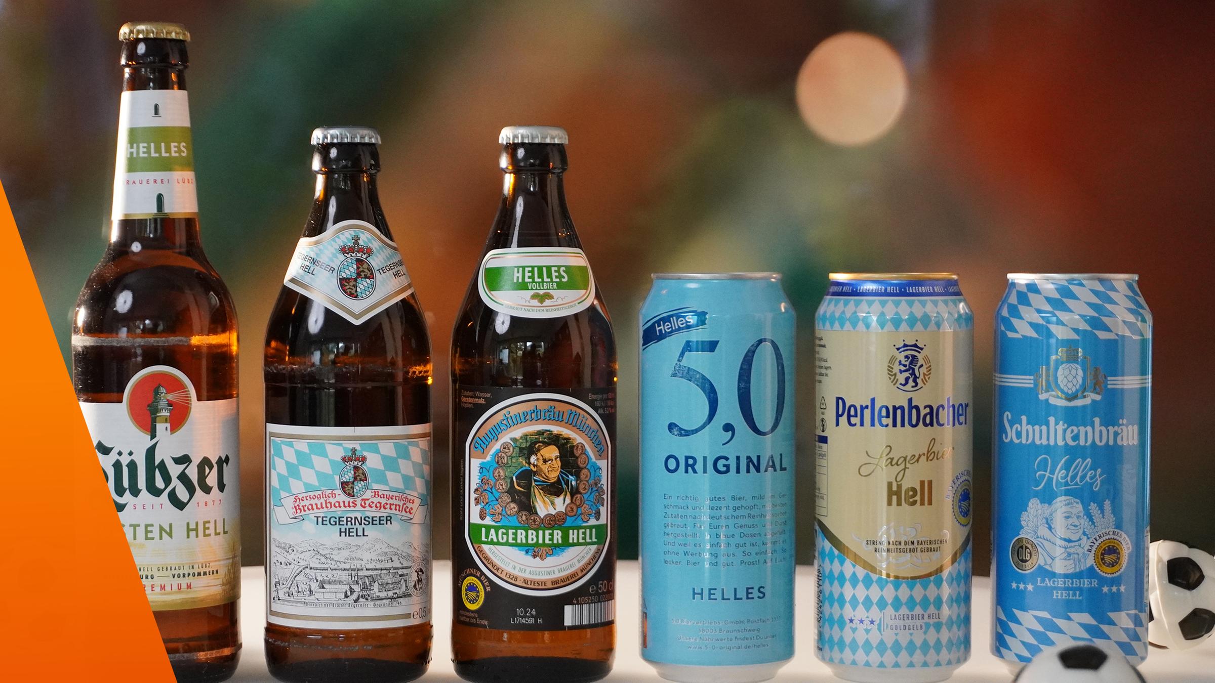 Sechs verschiedene Biermarken der Sorte "Helles"