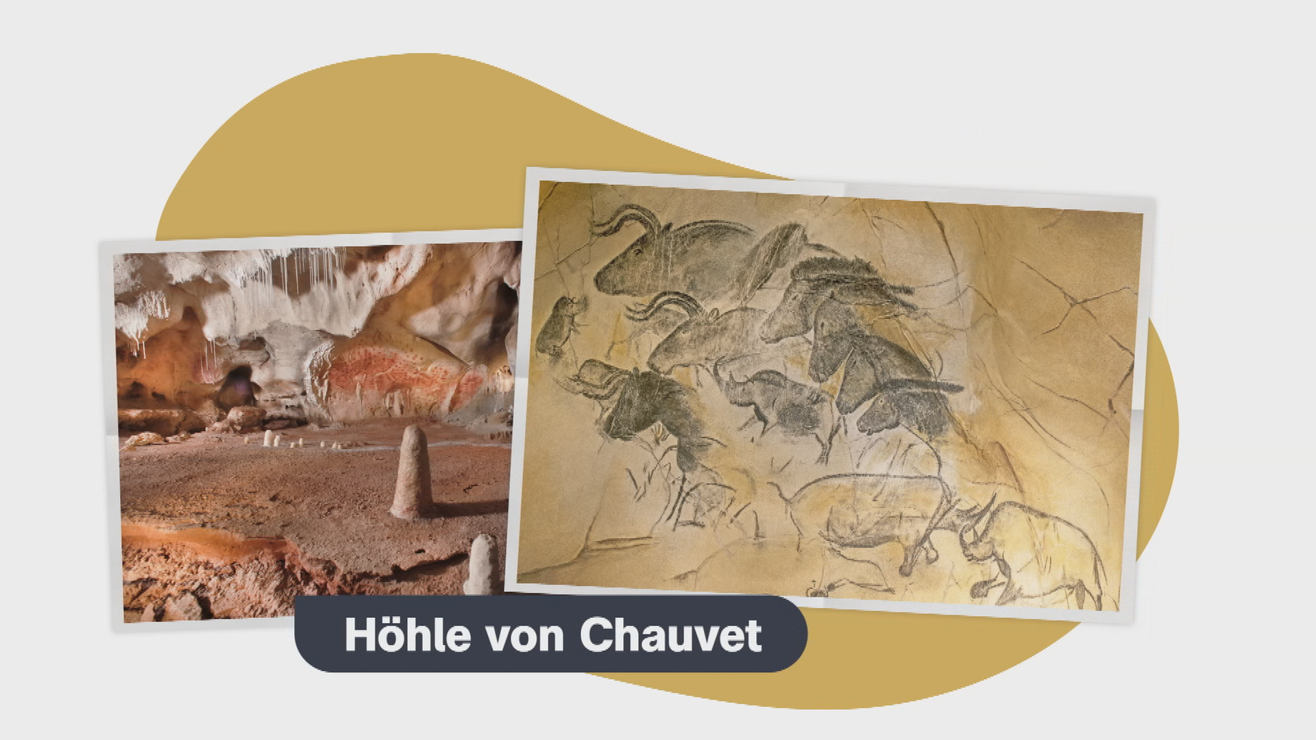 Foto Höhle von Chauvet, daneben Foto von Höhlenmalereien