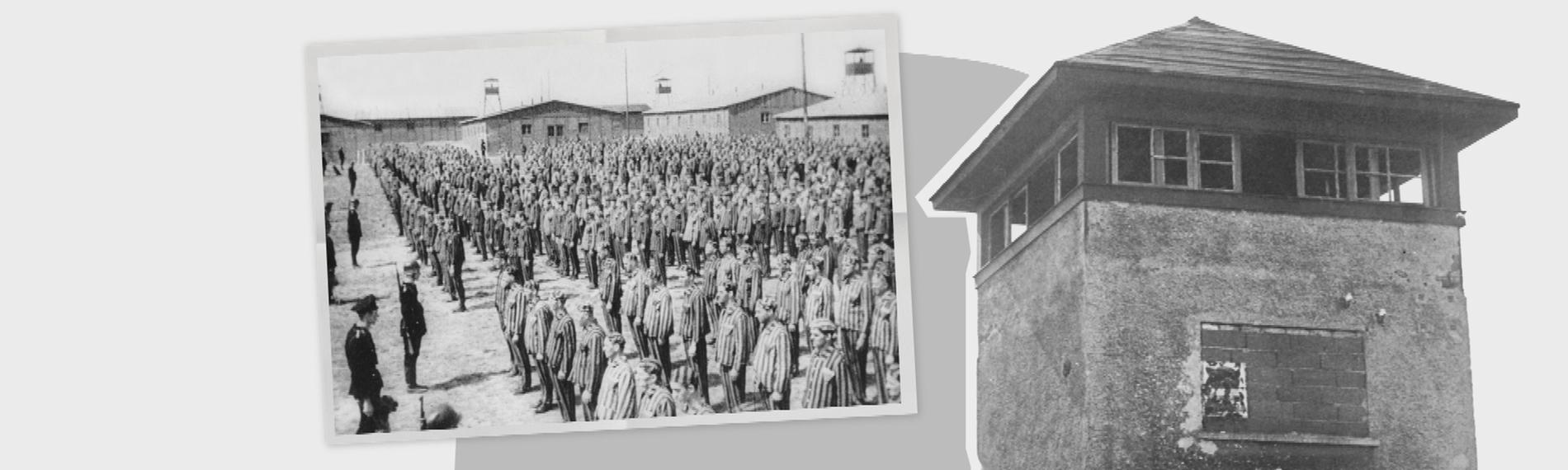 Grafik: Scharzweißaufnahme Konzentrationslager mit Foto Gefangene