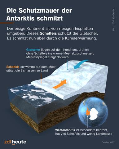 Antarctica is surrounded by huge sheets of ice. This ice shelf protects the continent's glaciers. But it is melting due to global warming. Without ice shelves, the glaciers on the continent threaten to melt into the warm sea, causing sea levels to rise even faster. 