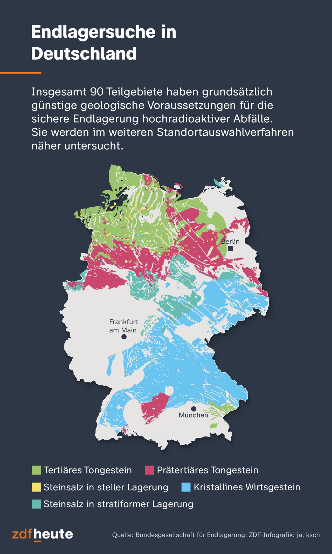 Die Infokarte zeigt die insgesamt 90 Teilgebiete, die grundsätzlich günstige geologische Voraussetzungen für die sichere Endlagerung hochradioaktiver Abfälle haben. Die Gebiete befinden sich vor allem im Norden und im Süden Deutschlands.