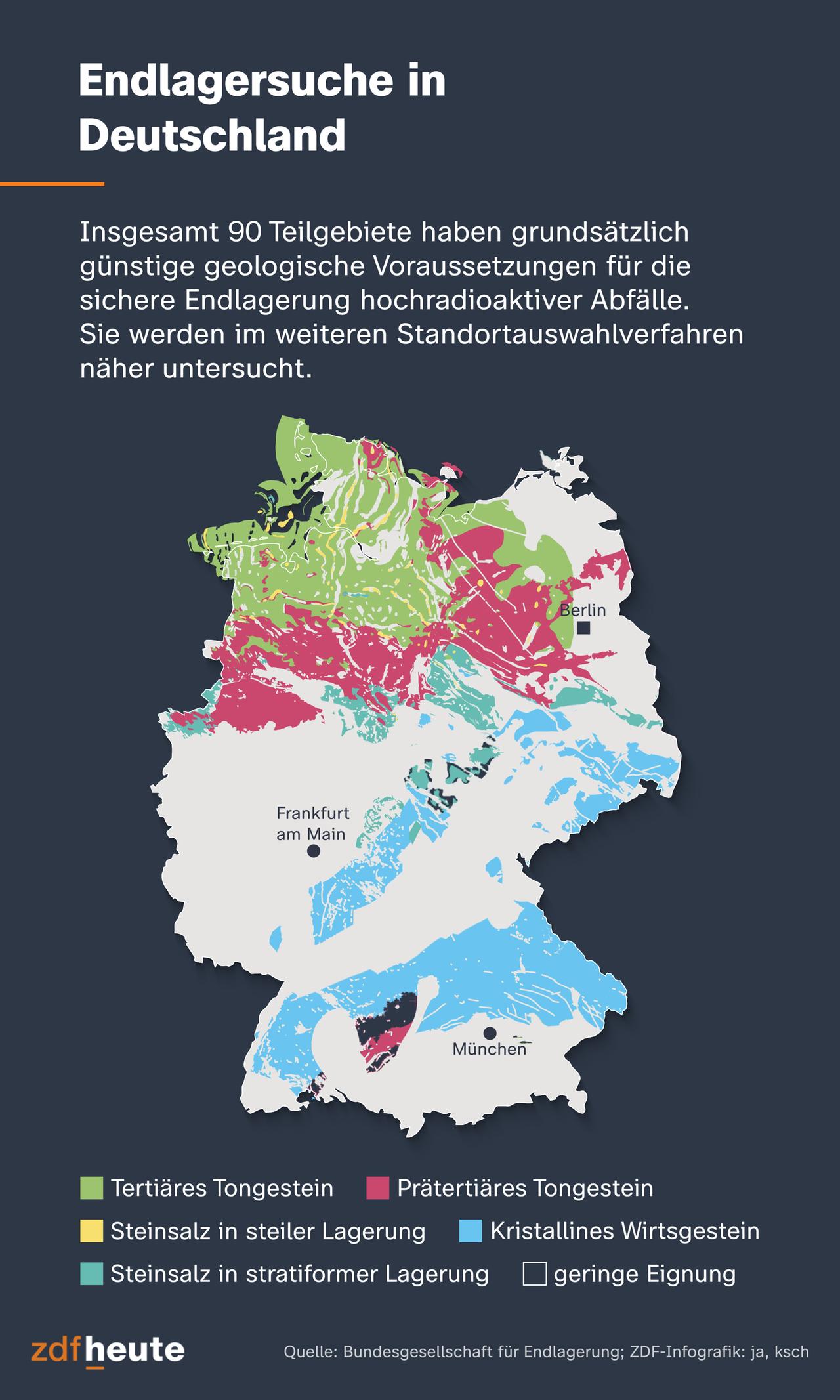 Die Infokarte zeigt die insgesamt 90 Teilgebiete, die grundsätzlich günstige geologische Voraussetzungen für die sichere Endlagerung hochradioaktiver Abfälle haben. Die Gebiete befinden sich vor allem im Norden und im Süden Deutschlands.