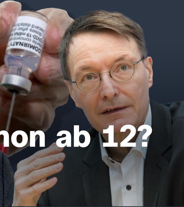 Prof. Zepp und Karl Lauterbach, im Hintergrund ein Symbolbild zur Impfung gegen Corona; ZDFheute live-Logo unten links, ZDF-Logo oben link, Schriftzug "Impfung schon ab 12?"