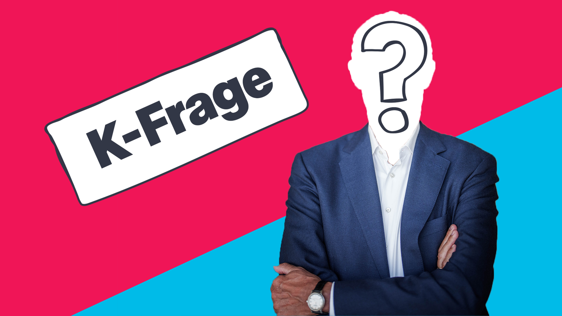 Fotomontage: Mann in Anzug mit Fragezeichen als Kopf. Daneben ist ein Schild auf dem "K-Frage?" steht.