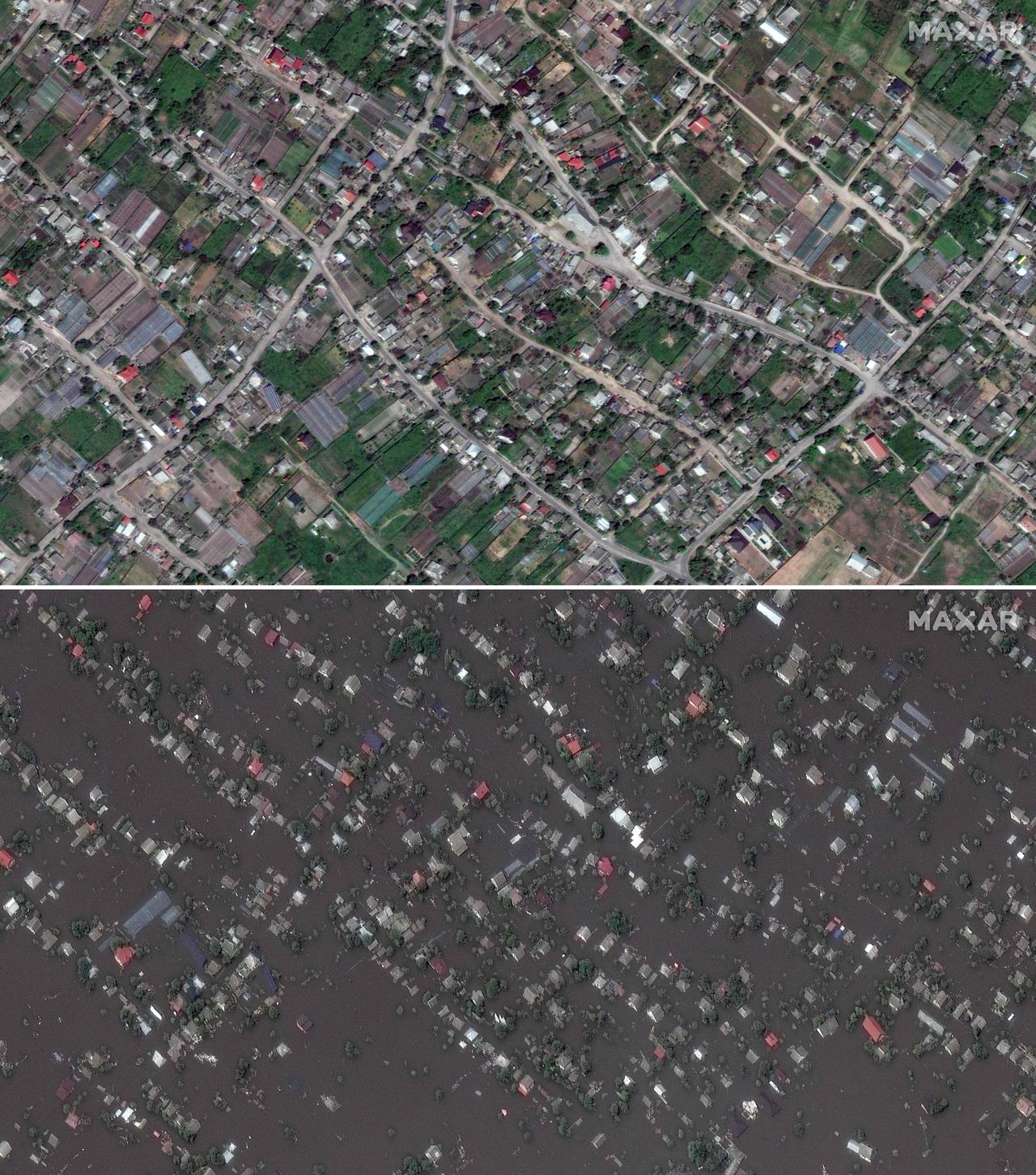 Vorher-Nachher-Satellitenbild vom Kachowka-Staudamm in der Ukraine. Vorher sieht man ein normales Siedlungsgebiet, nachher überflutete Häuser.