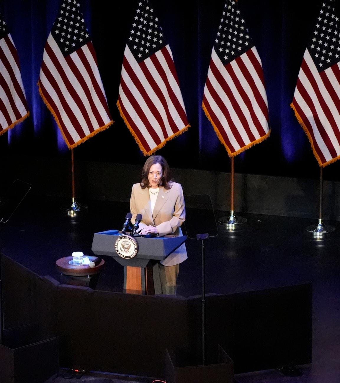 Kamala Harris hält eine Rede bei einer Wahlkampfveranstaltung in Pittsfield, Massachusetts, 27.07.2024.
