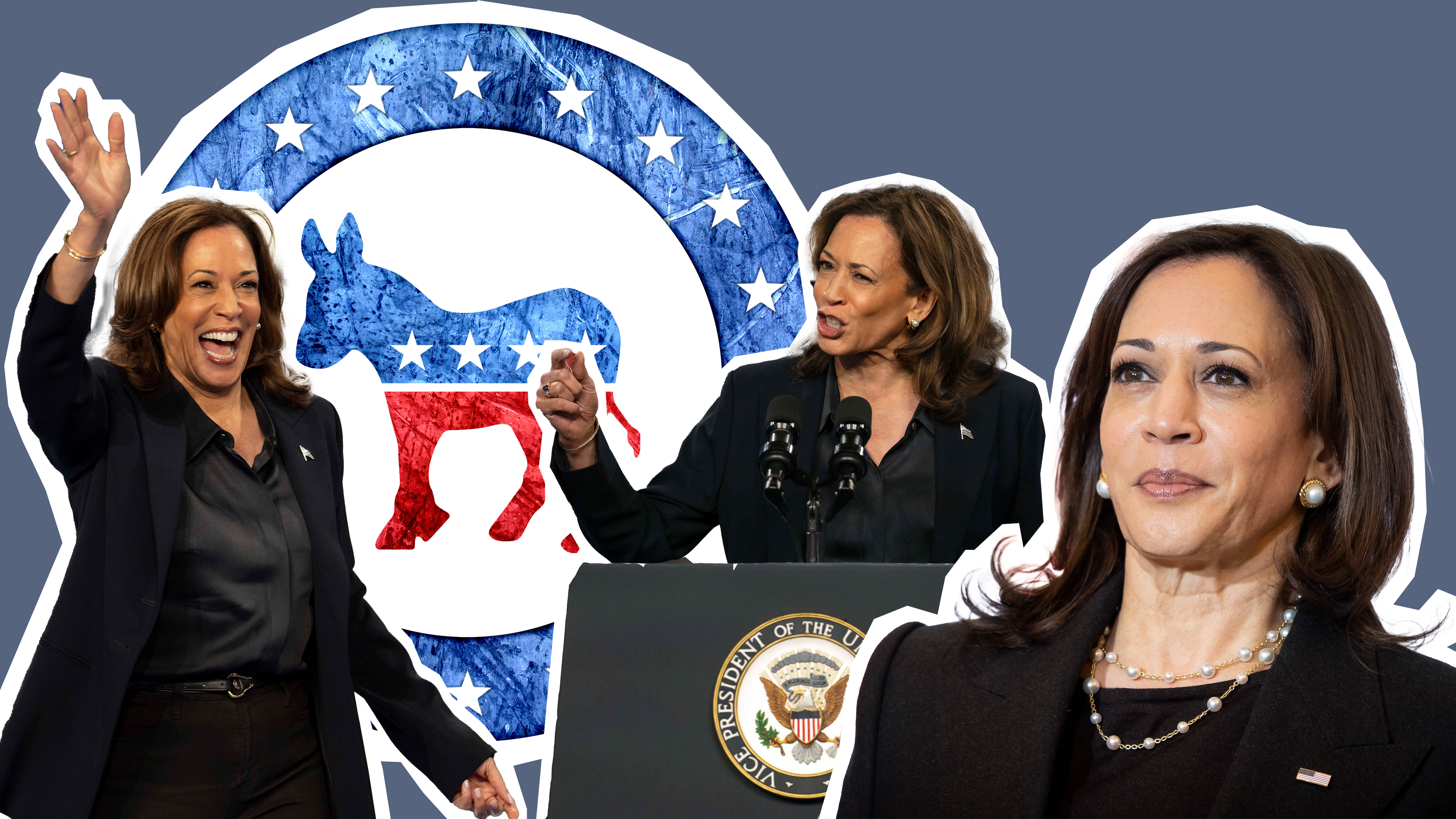 Drei ausgeschnittene Bilder von Kamala Harris und das Logo der Demokraten