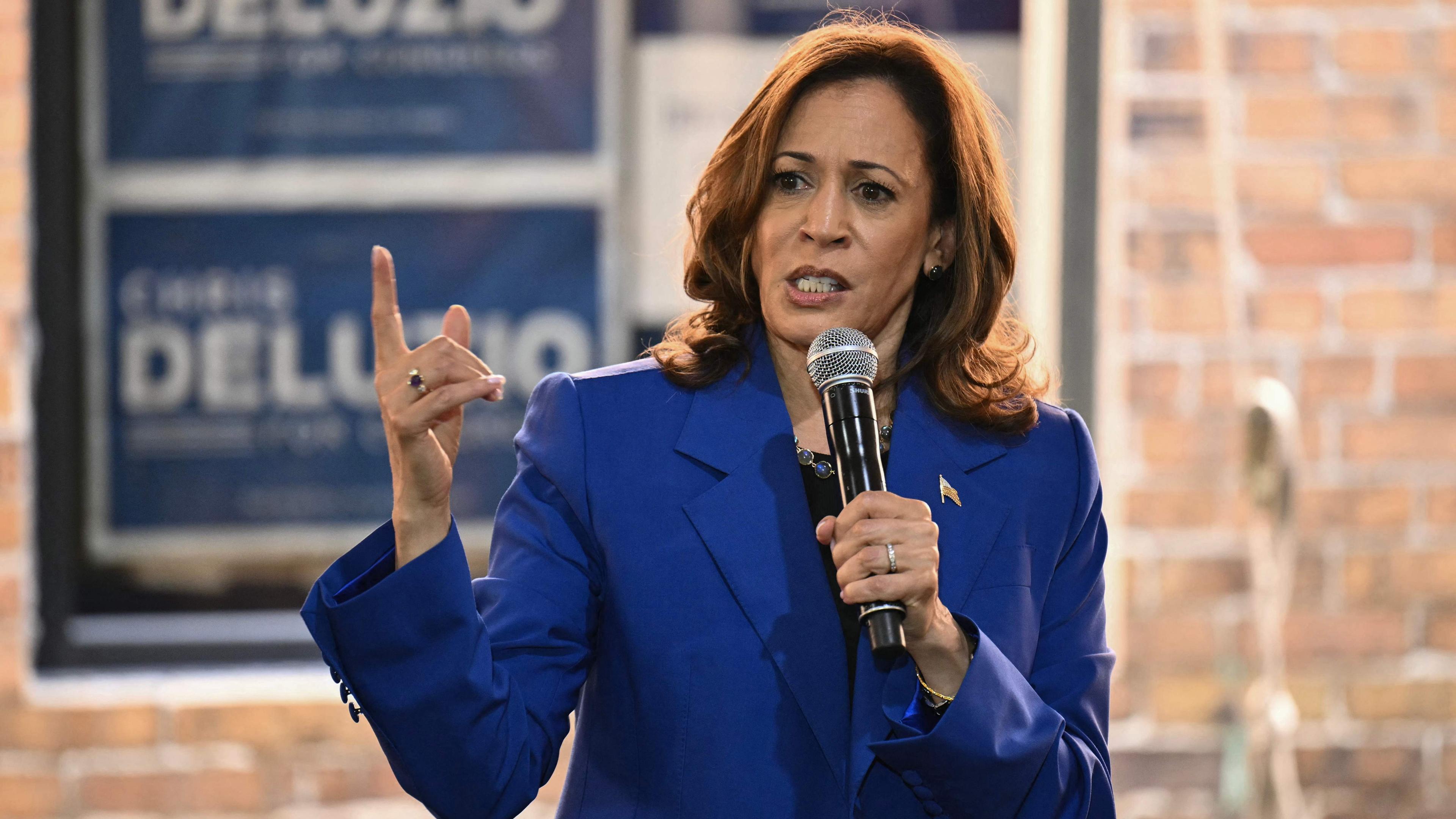 Die demokratische Präsidentschaftskandidatin Kamala Harris spricht während eines Wahlkampfauftritts in Rochester, Pennesylvania.