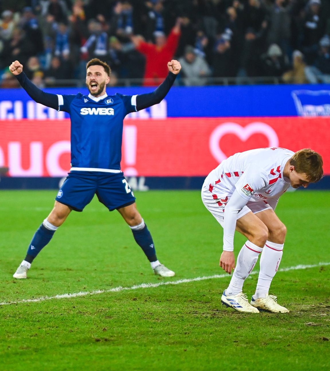 Karlsruhes Fabian Schleusener jubelt nach dem Tor zum 1:0 gegen Köln am 01.03.2025.