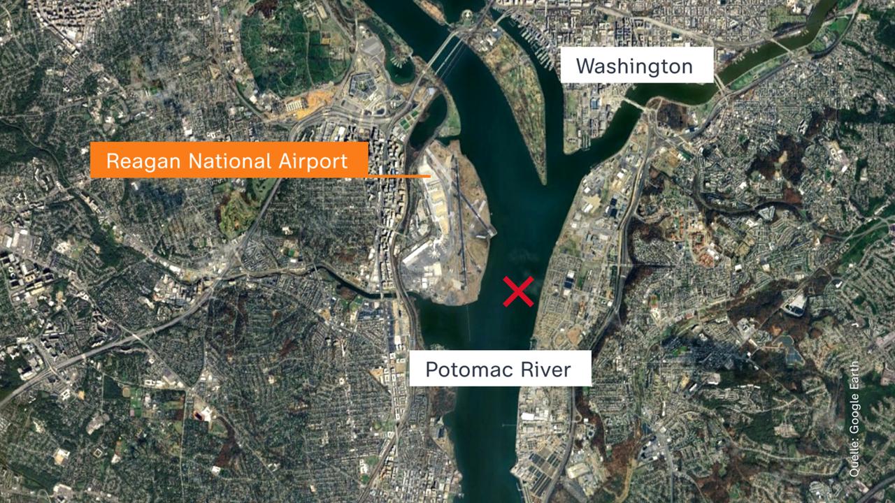 Karte: Absturzstelle nach Kollision von Militärhelikopter mit Passagierflugzeug in Washington D.C. 