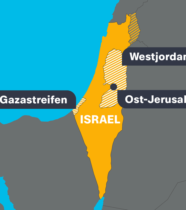 Eine Karte auf der der Gazastreifen, das Westjordanland und Israel abgebildet sind. 