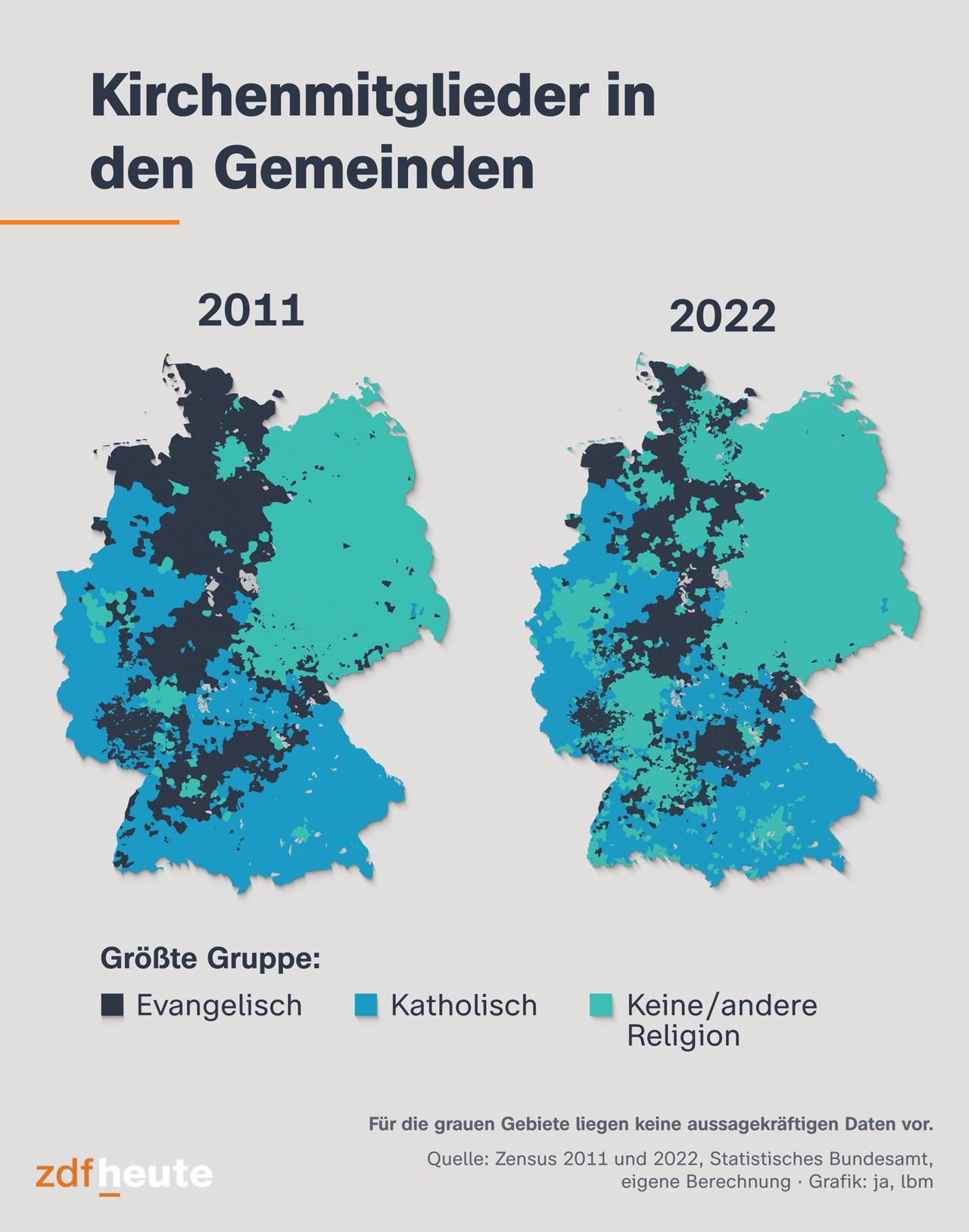 Die Deutschlandkarte zeigt, dass der Anteil der Kirchenmitglieder in vielen Gemeinden Deutschlands zwischen 2011 und 2022 gesunken ist