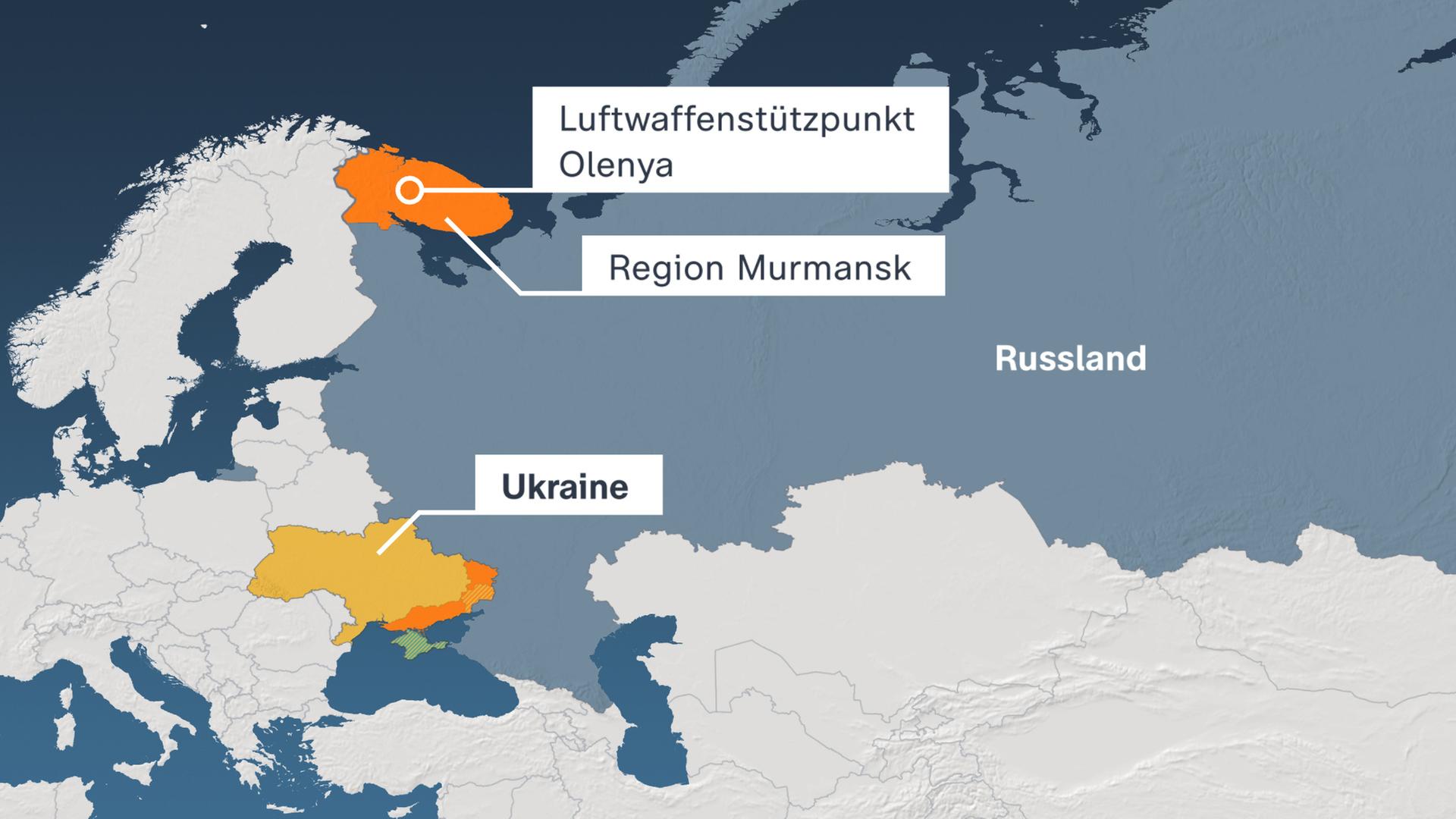 Karte der Ukraine und Russland sowie dem russischen Luftwaffenstützpunkt Olenya in der Region Murmansk
