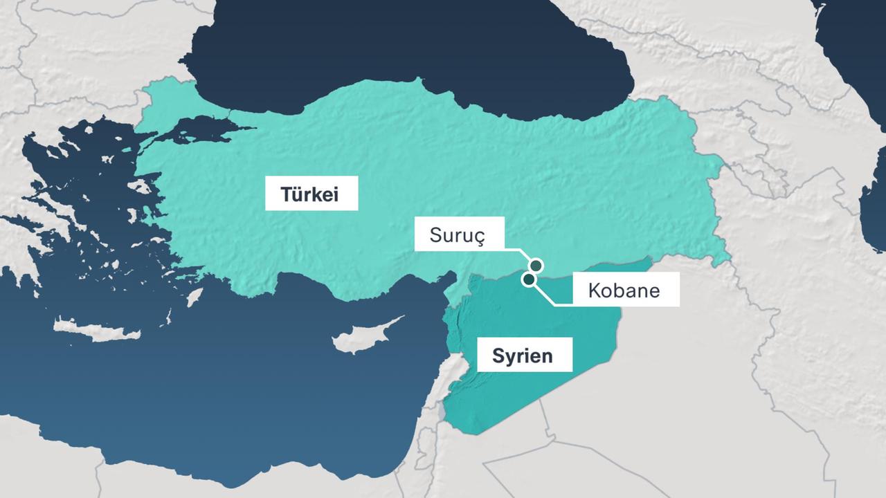 Grafik Karte mit Grenzstädten in der Türkei und Syrien