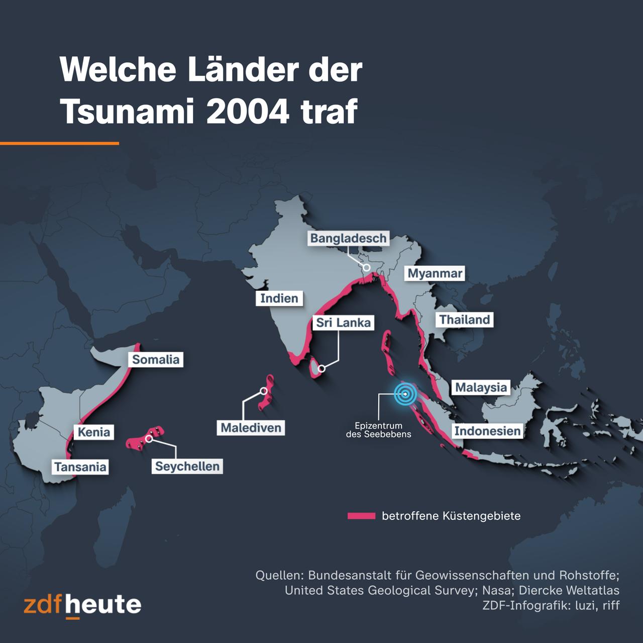 Die Karte zeigt: welche Länder der Tsunami 2004 traf: Indonesien, Malaysia, Thailand, Myanmar, Bangladesch, Sri Lanka, Malediven, Indien, Seychellen, Somalia, Kenia, Tansania