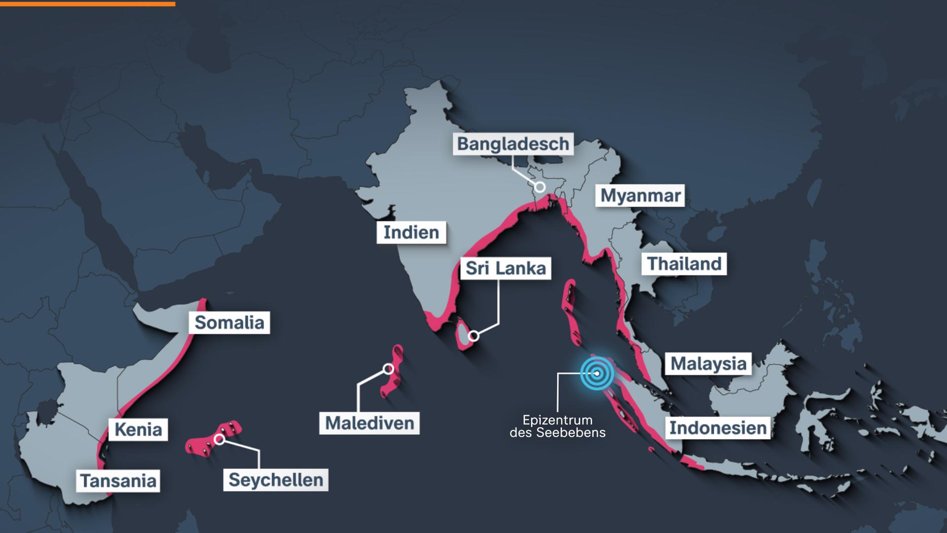 Die Karte zeigt: welche Länder der Tsunami 2004 traf: Indonesien, Malaysia, Thailand, Myanmar, Bangladesch, Sri Lanka, Malediven, Indien, Seychellen, Somalia, Kenia, Tansania