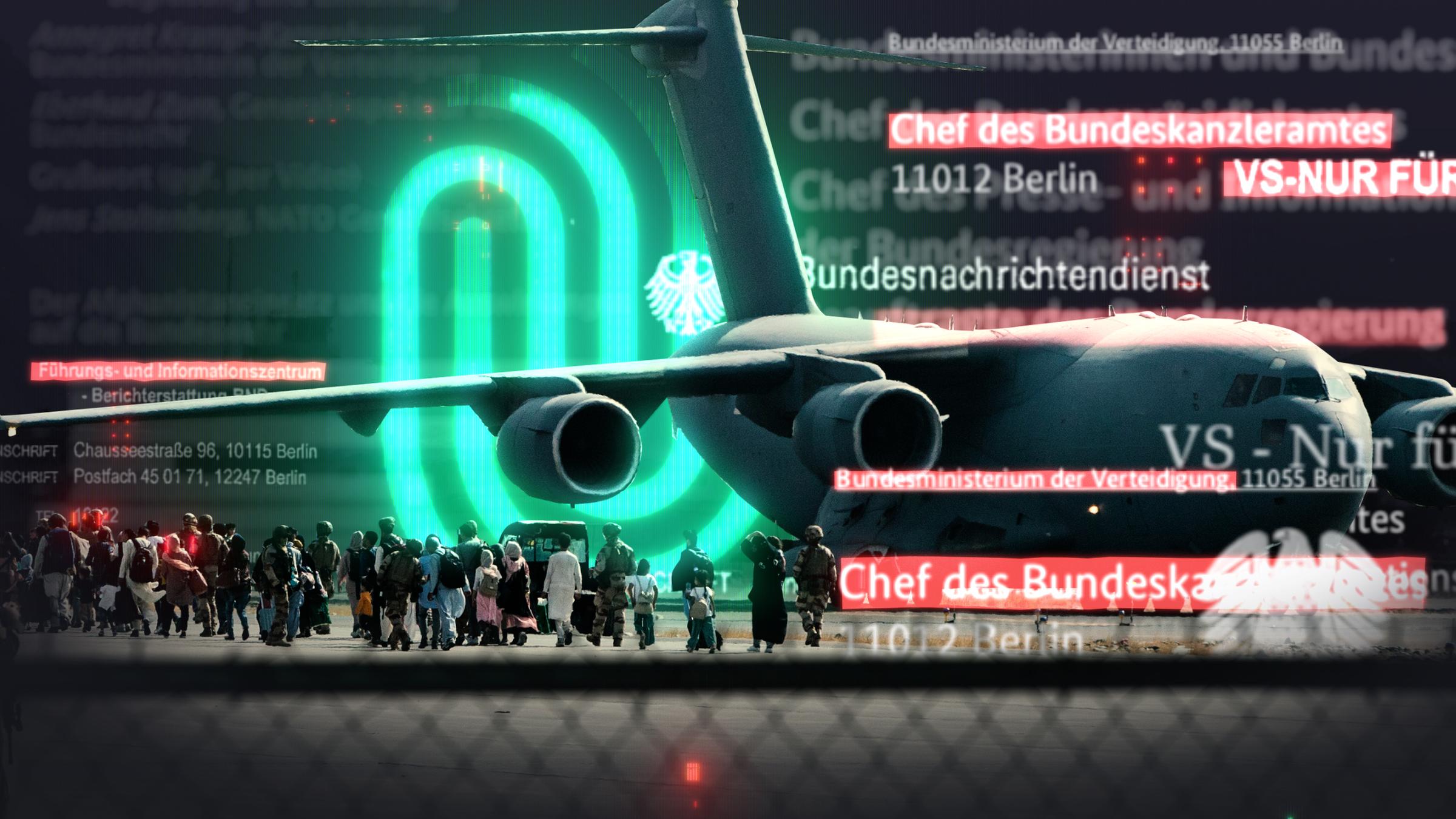 Bundeswehrflieger, Soldaten, Menschen mit Koffern, diverse Schriftzüge und das grüne Die Spur-Logo im Hintergrund