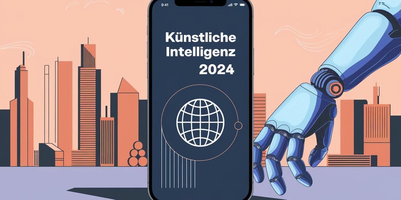 Eine Illustration zeigt ein Smartphone mit der Aufschrift "Künstliche Intelligenz 2024" auf dem Bildschirm, darunter eine stilisierte Weltkugel. Im Hintergrund sind moderne, abstrakte Hochhäuser in Orange- und Blautönen zu sehen. Rechts im Bild greift ein blauer, robotischer Arm nach dem Smartphone. Die Farbgebung ist minimalistisch mit warmen Pastelltönen.