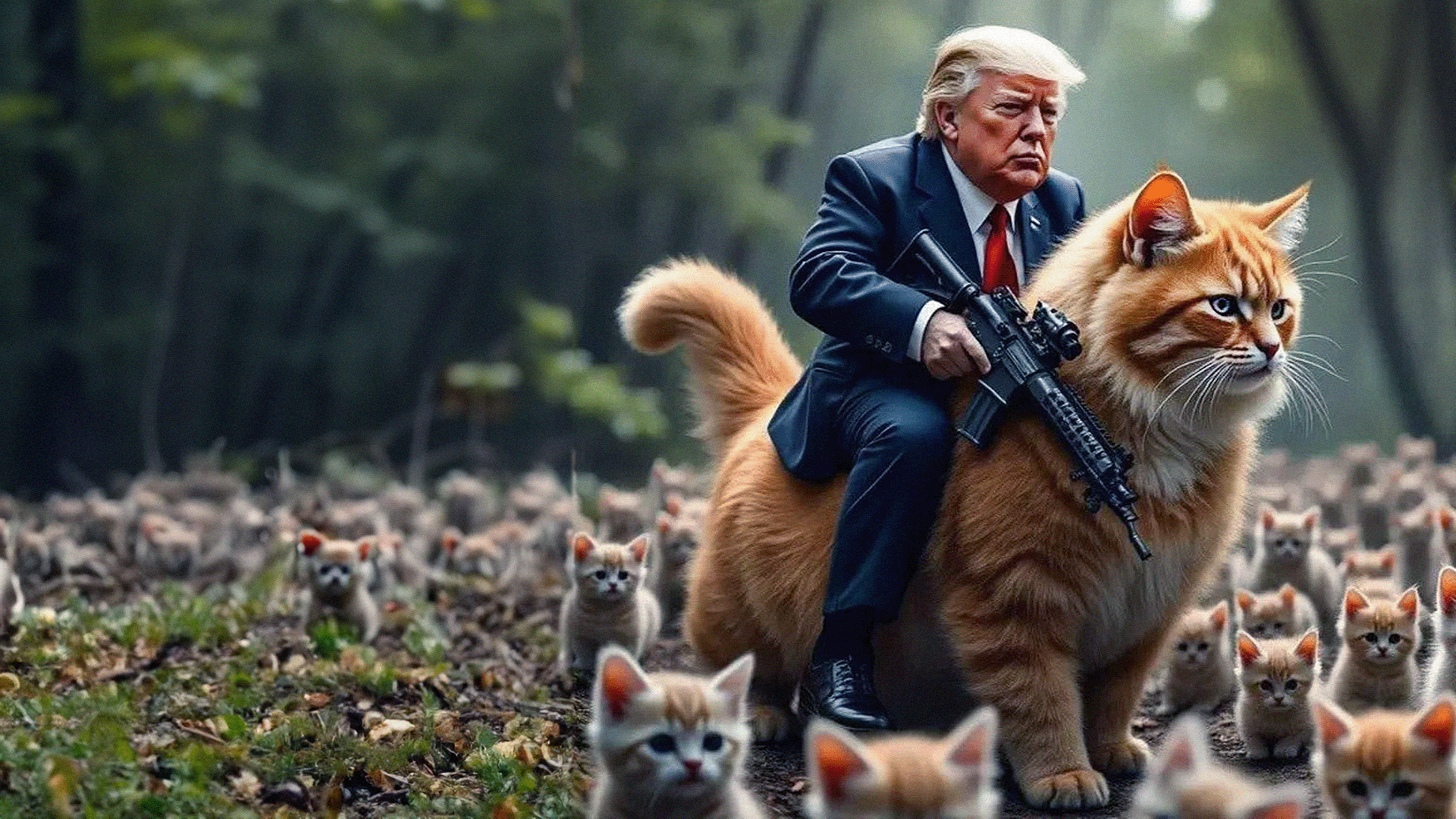 KI-generiertes Katzenfotos mit Donald Trump: Donald Trump "reitet" auf einer Katze und hält Gewehr in der Hand - im Hintergrund viele weitere Katzen