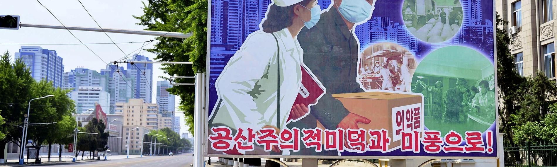 ein Plakat in Pyongyang, dass den Transport medizinischen Equipments darstellt 