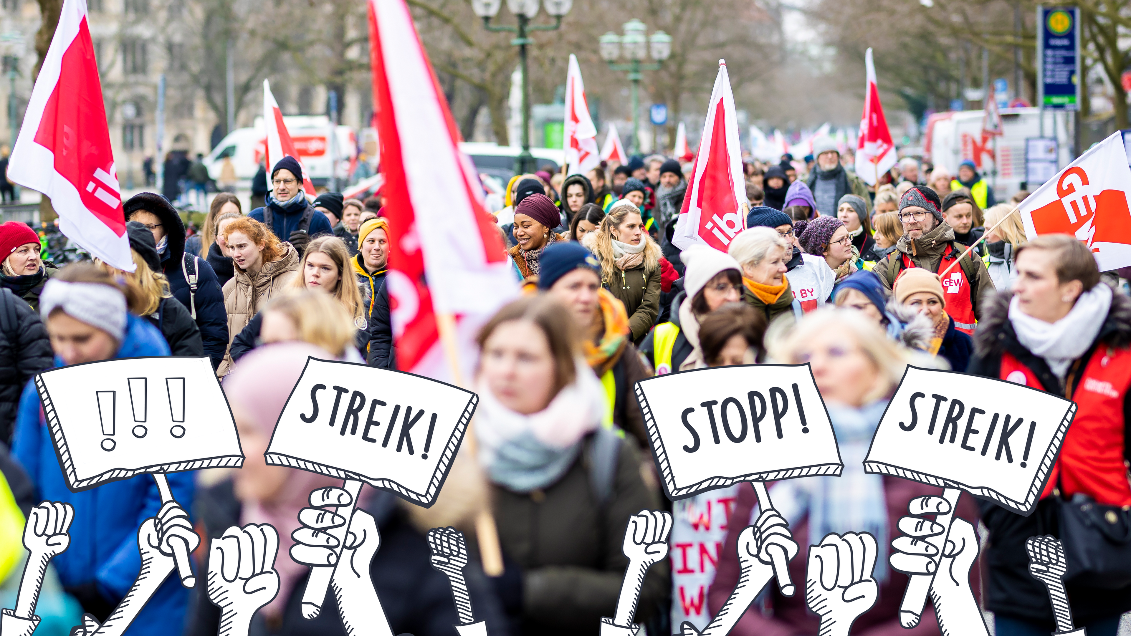 Mitarbeiter städtischer Kitas nehmen an einer Demonstration für eine bessere Bezahlung teil. 