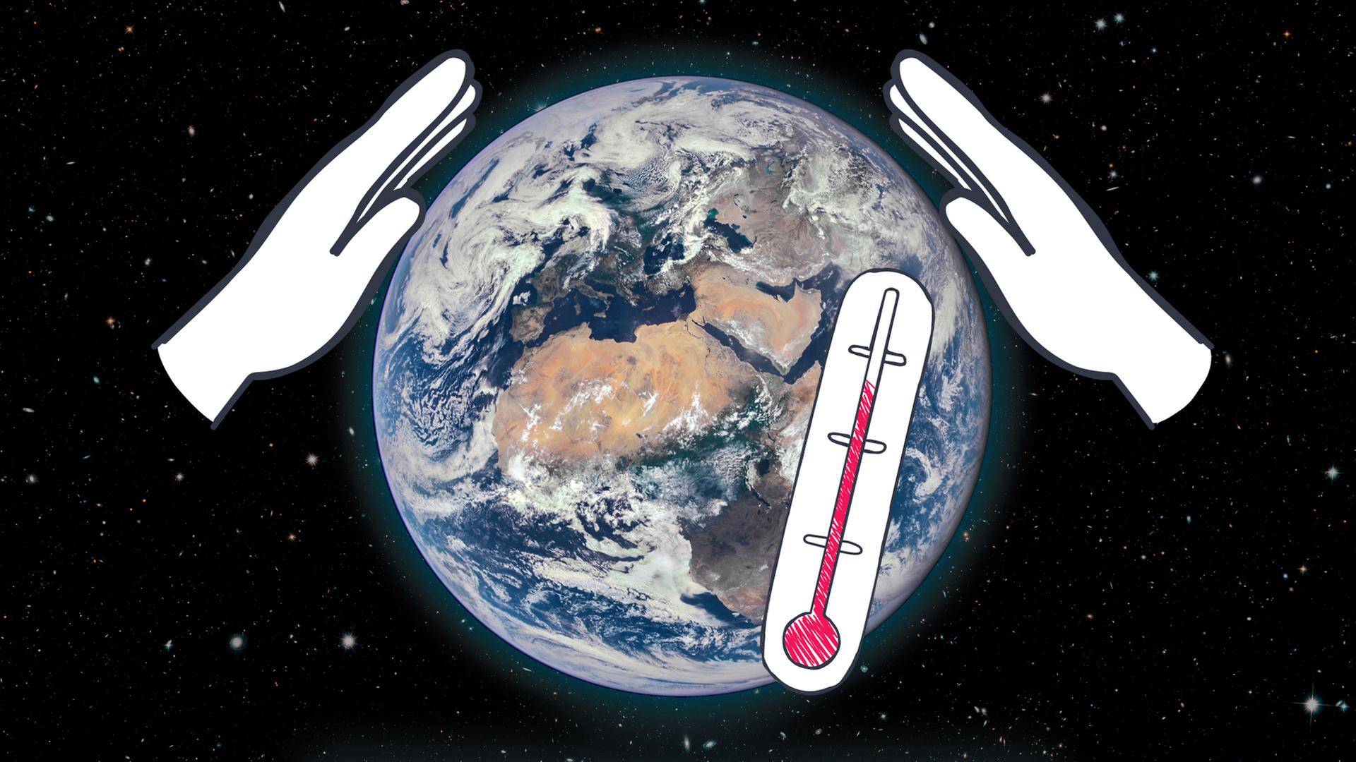  Erdkugel im All mit einem gezeichneten Thermometer und schützenden Händen.