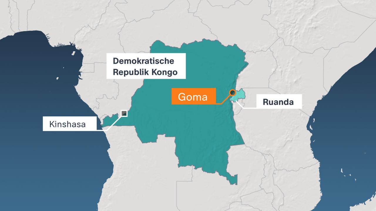 Karte vom Kongo mit Kinshasa und Goma.