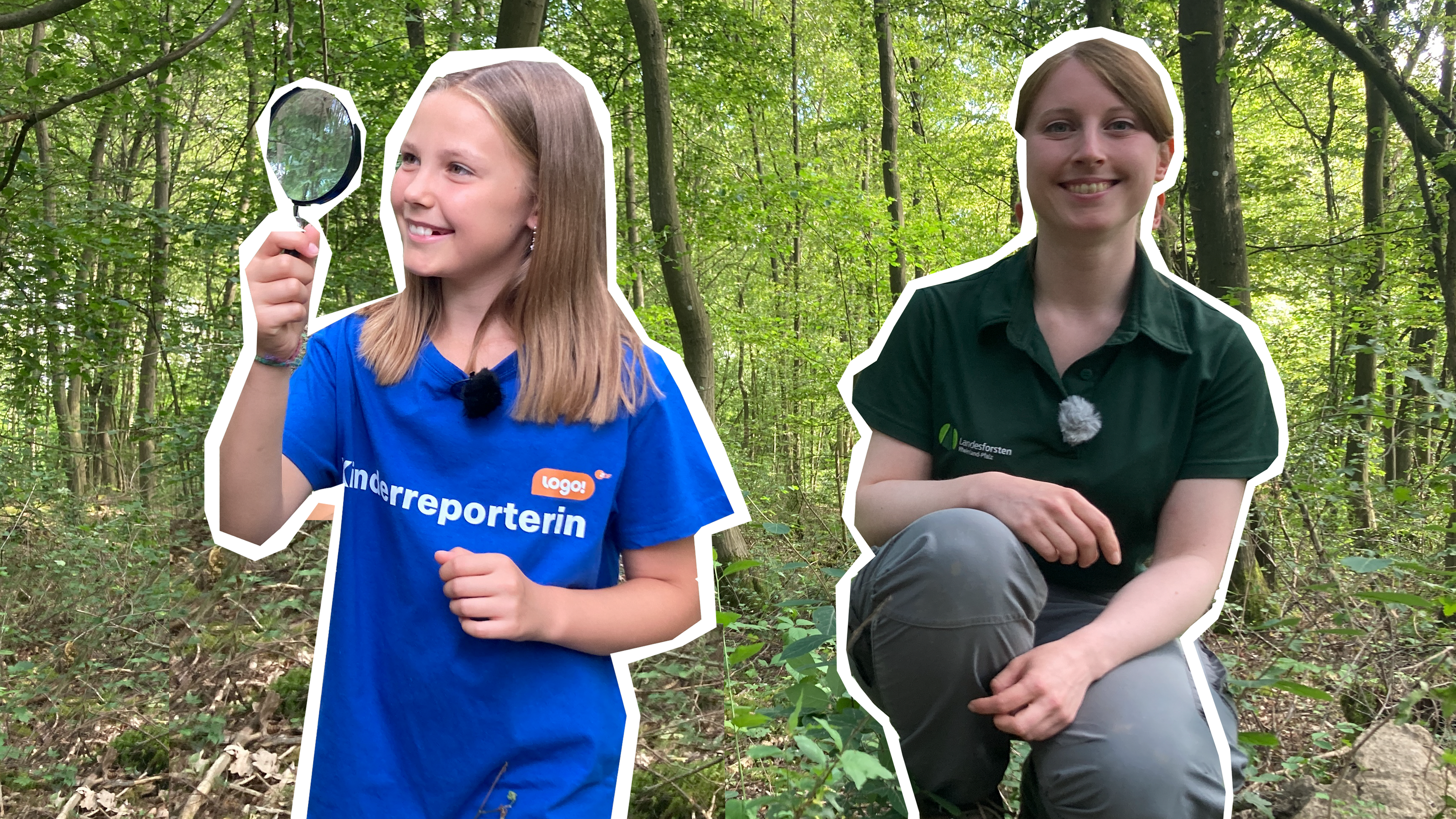 Kinderreporterin Dahlia trifft Försterin, im Wald mit Lupe in der Hand