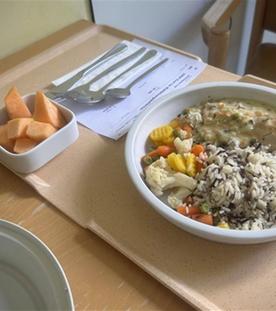 Ein Teller mit Mittagessen auf einem Tablett im Krankenhaus.