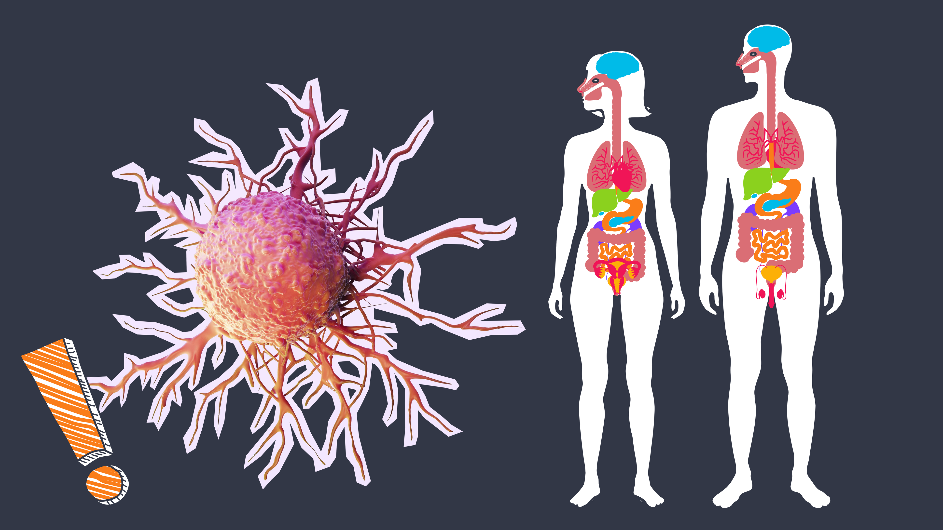 Grafik von eienr Krebszelle und zwei menschlichen Körpern und ein Ausrufezeichen