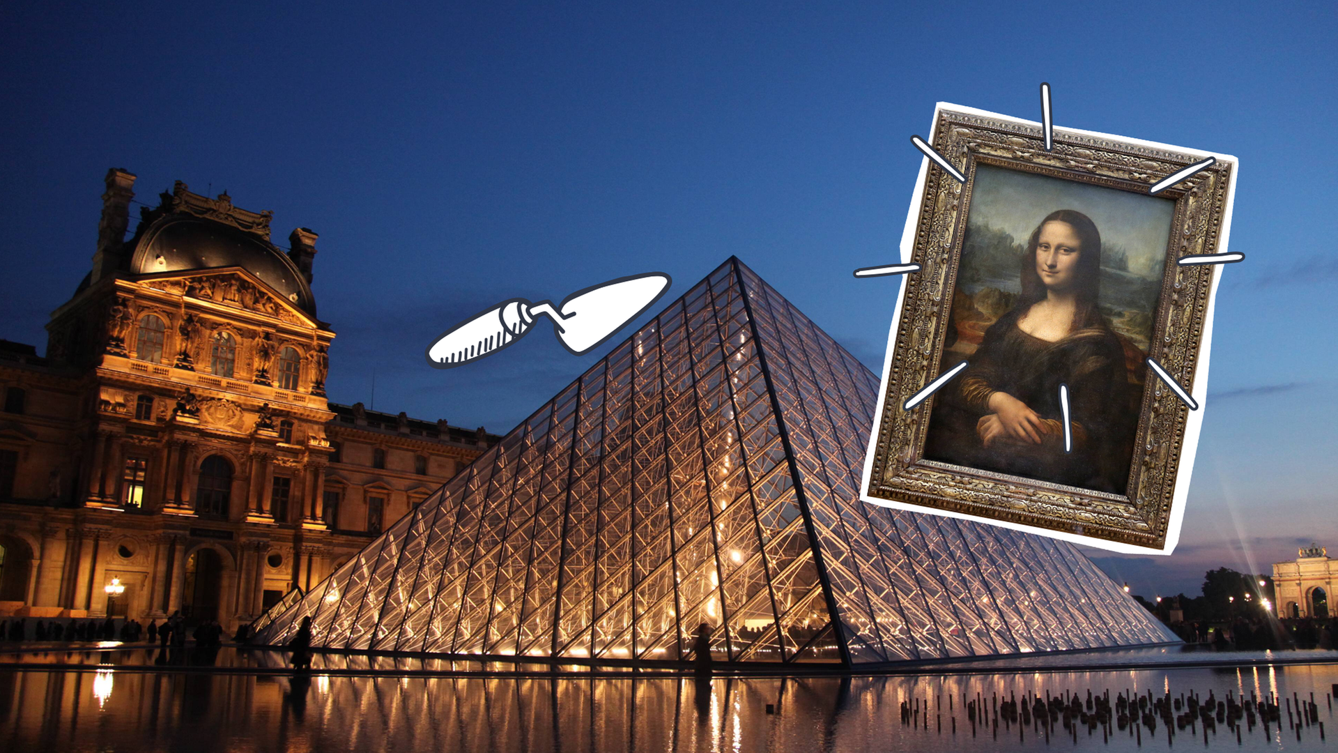 Das Louvre von außen, dazu die Mona-Lisa ausgeschnitten draufgebaut 