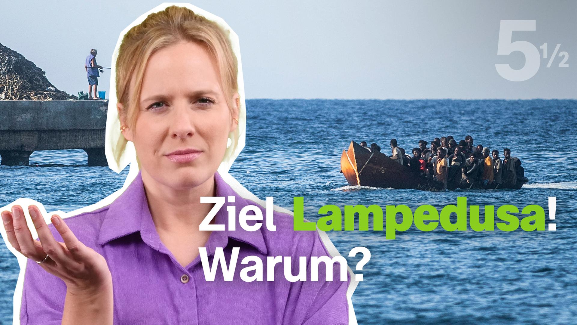 Flüchtlinge in einem Boot vor Lampedusa mit Linda im Vordergrund