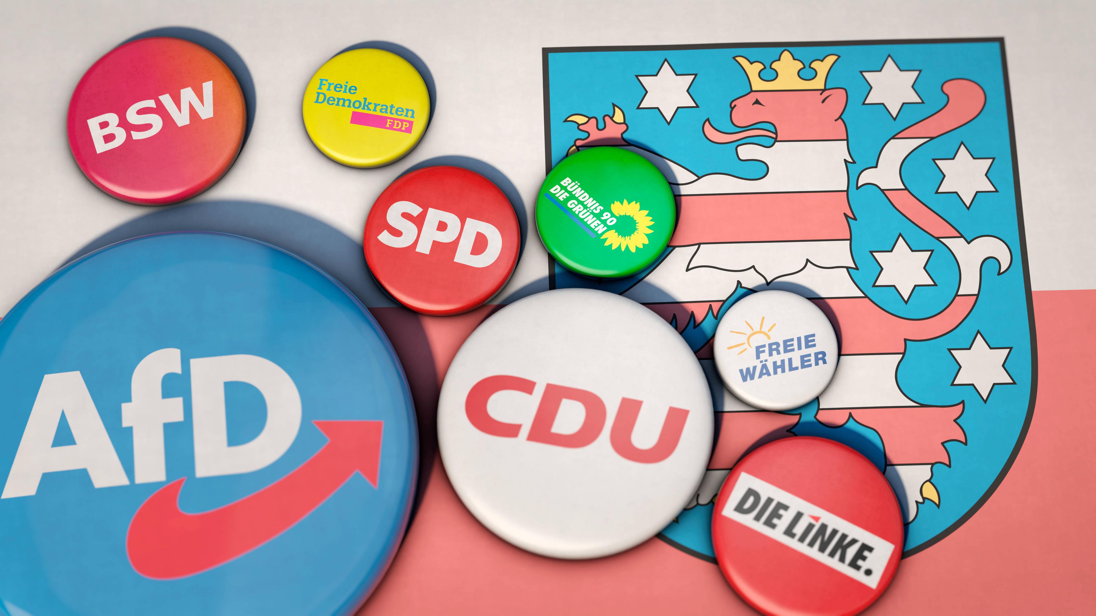 Parteilogos der wählbaren Parteien, darunter AfD, CDU, BSW