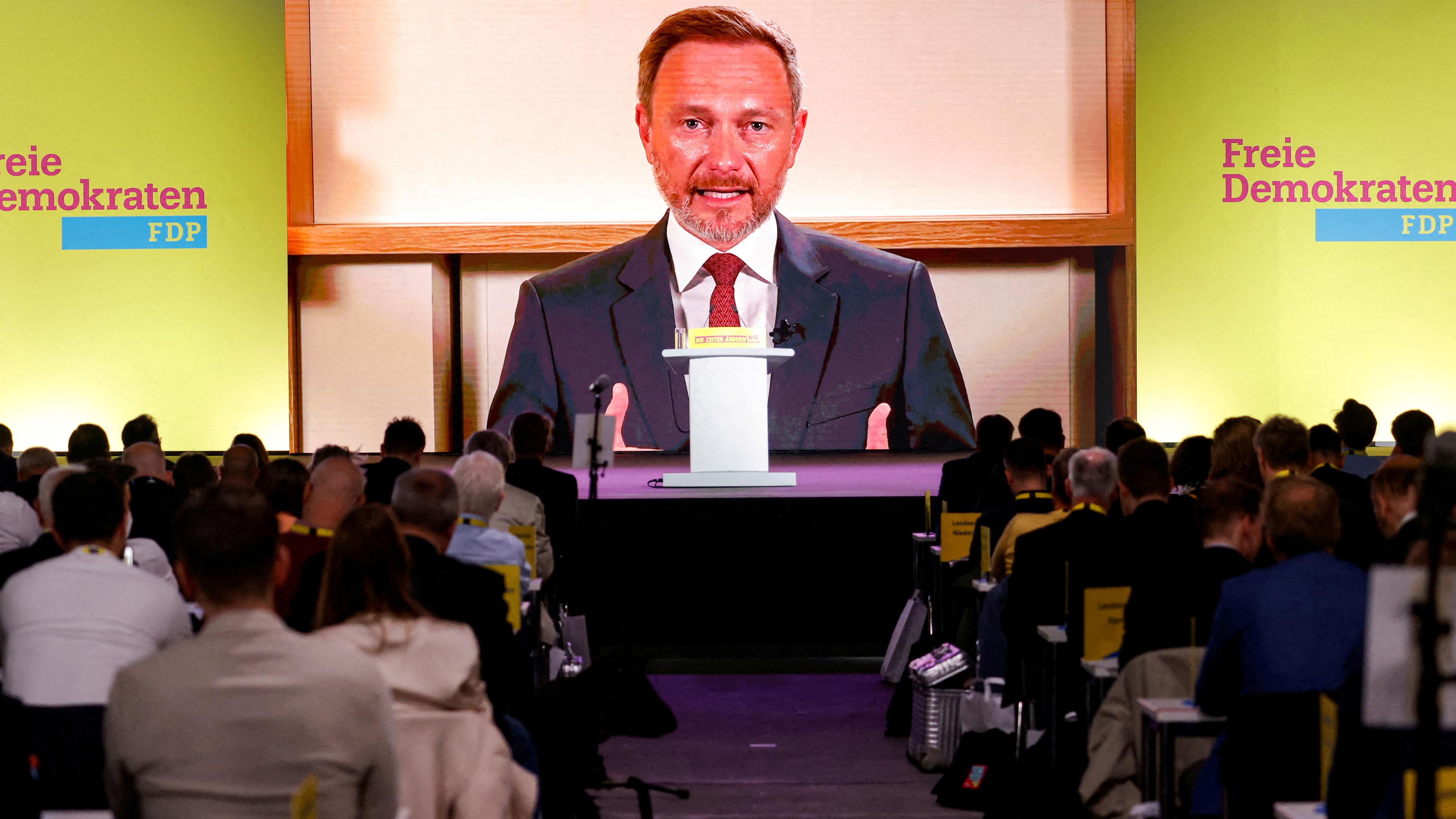 Christian Lindner (FDP), zugeschaltet zum FDP-Parteitag in Berlin