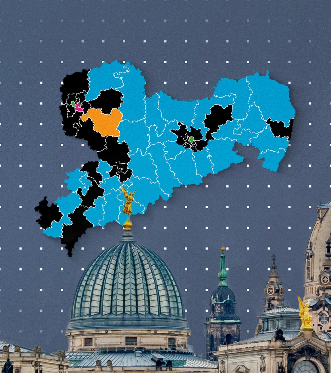 Frauenkirche in Dresden mit leerer Wahlkreis-Karte von Sachsen und der Flagge des Bundeslandes