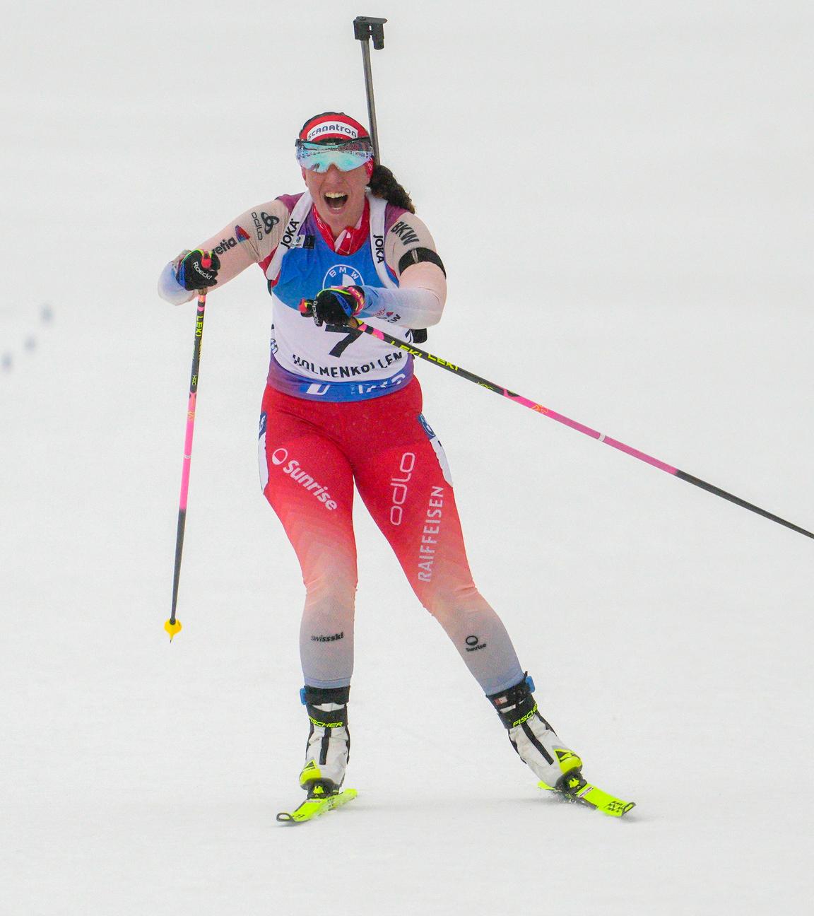 Lena Haecki-Gross (Schweiz) gewinnt den Massenstart am 02.03.24 in Oslo.