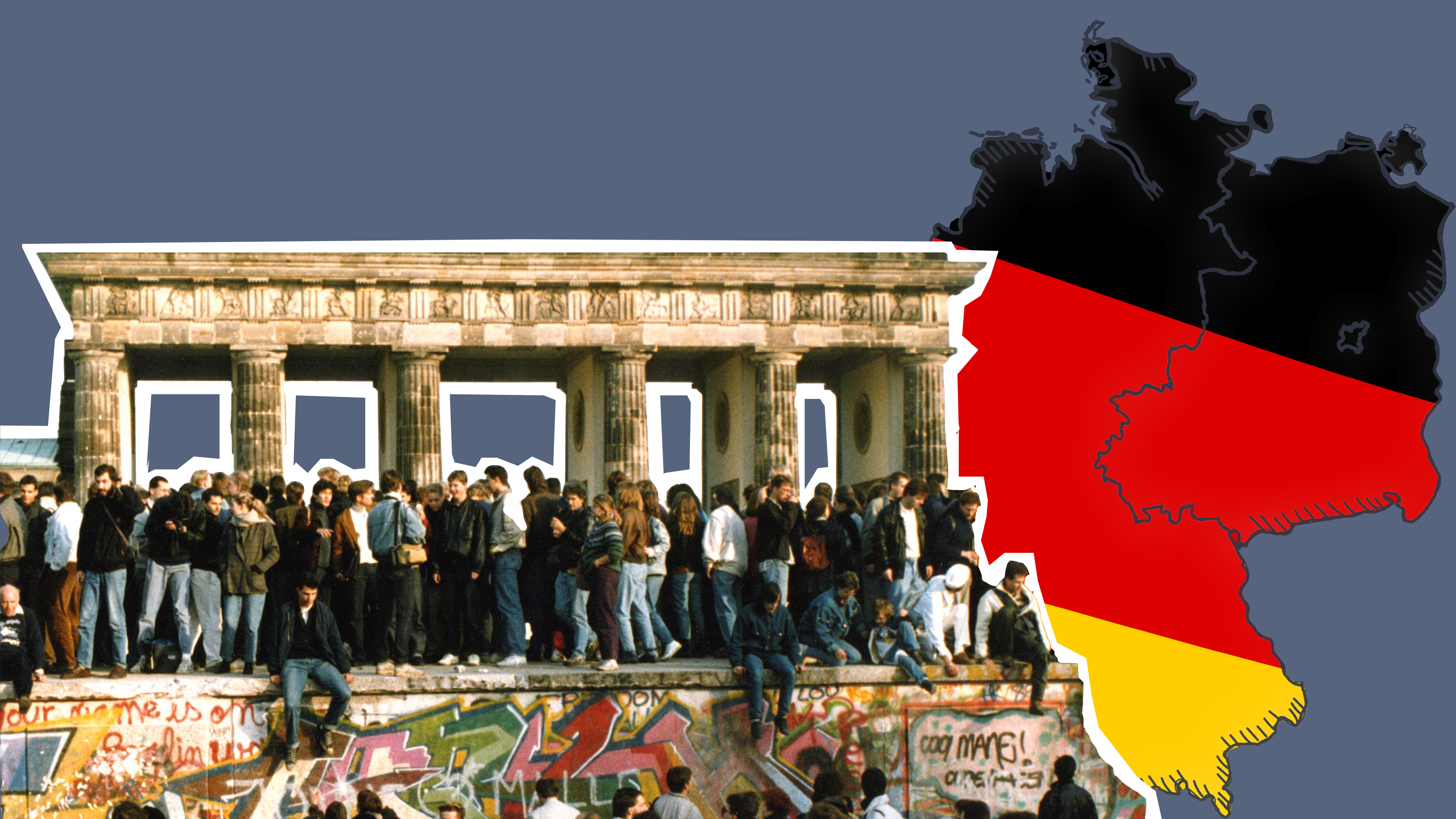 Archiv: Menschen klettern auf die Berliner Mauer am 10.11.1989, Grafik von Deutschlandkarte mit Mauer