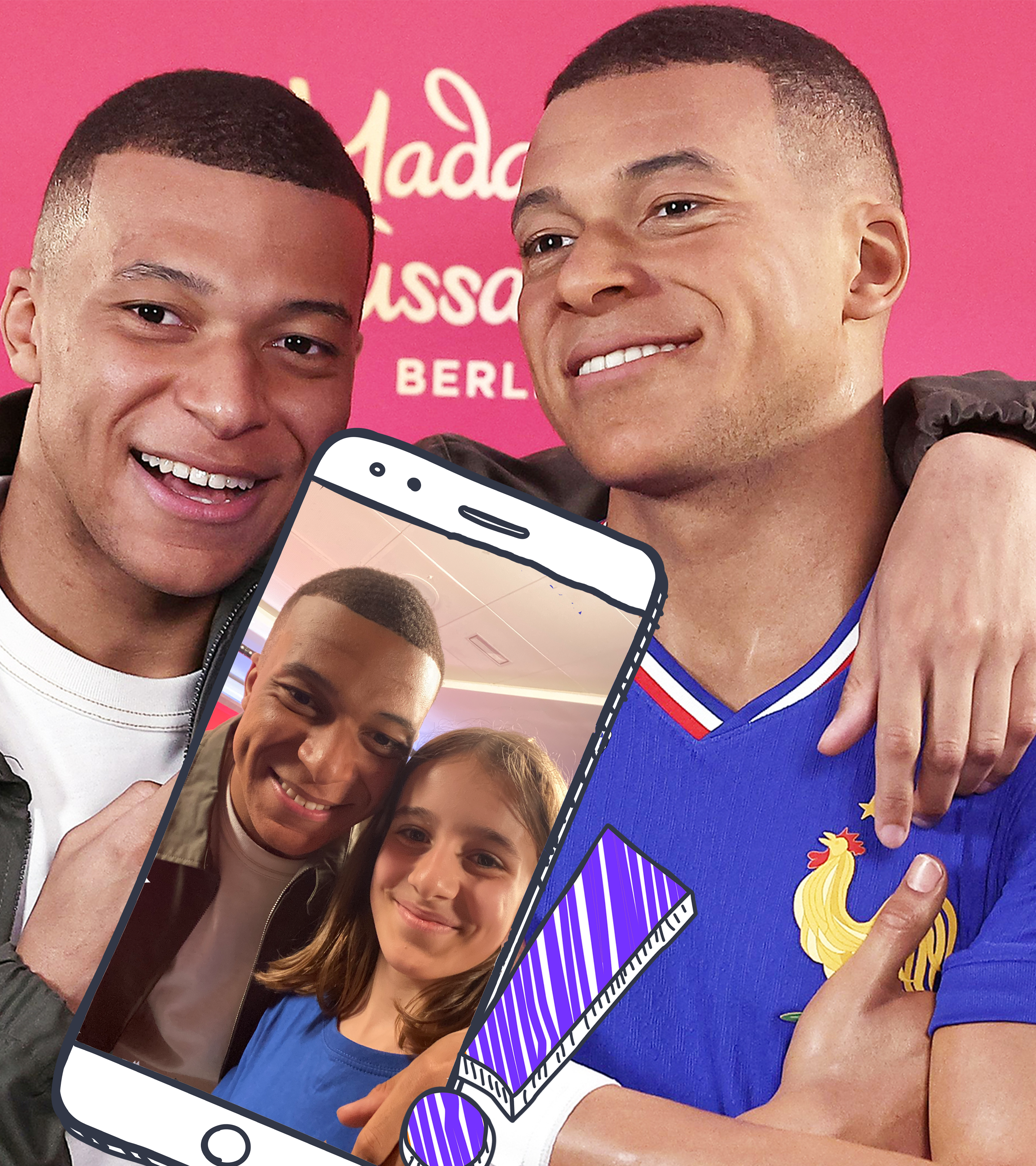 Mbappé als Wachsfigur mit Mbappé und Selfie mit Kinderreporterin